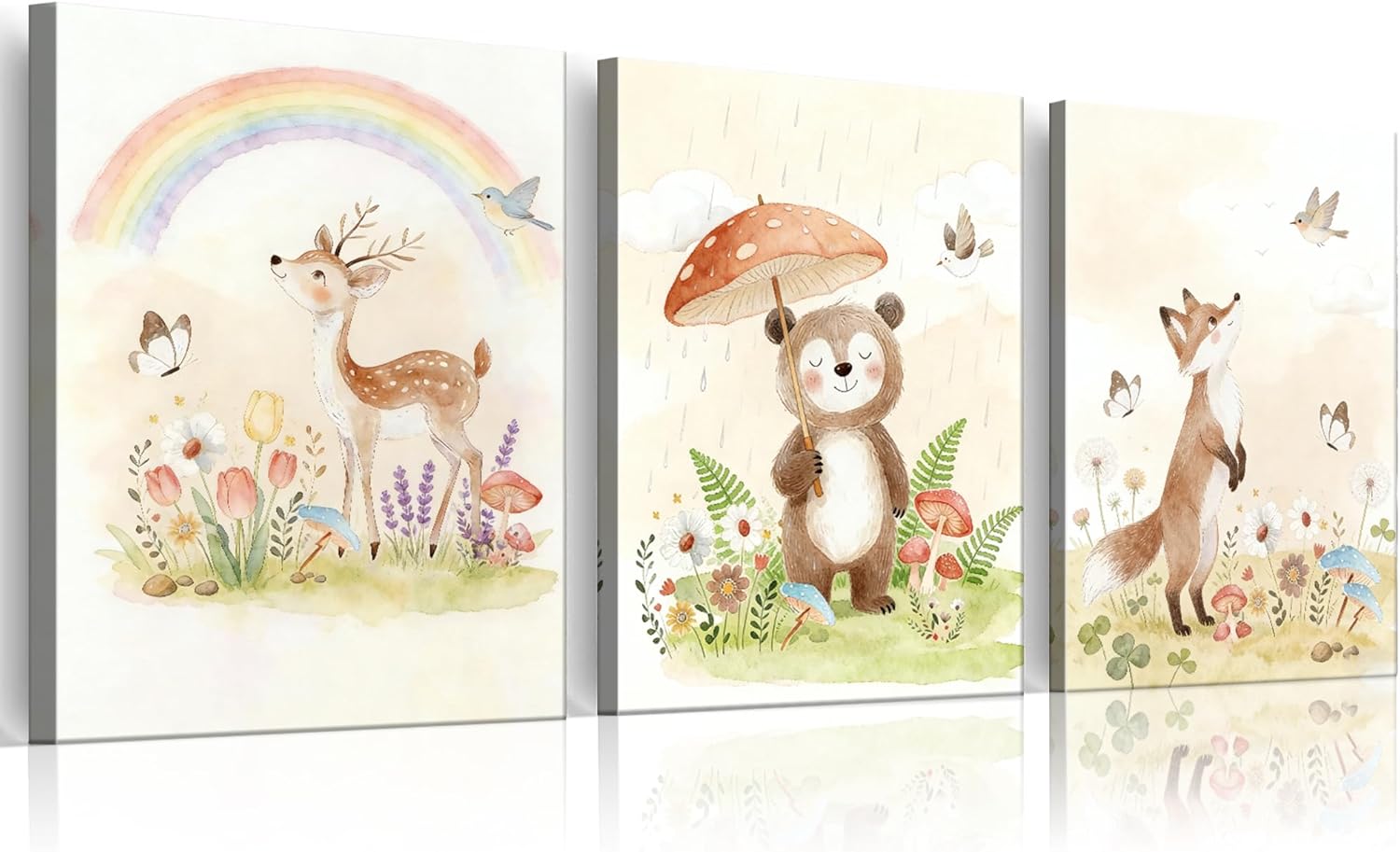 Woodland Animal Nursery Canvas Wall Art Set of 3, Fox Bear Deer Canvas Prints Watercolor Animals Paintings, Ready to Hang Baby Room Decor for Boys Girls Toddler Kids Bedroom Home Decoration