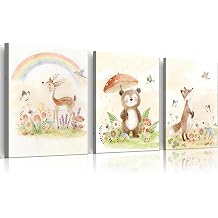 Woodland Animal Nursery Canvas Wall Art Set of 3, Fox Bear Deer Canvas Prints Watercolor Animals Paintings, Ready to Hang Baby Room Decor for Boys Girls Toddler Kids Bedroom Home Decoration