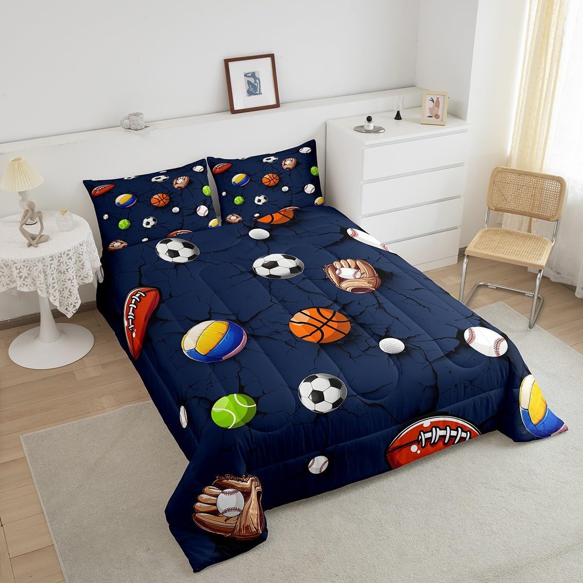 Erosebridal Soccer Queen Comforter Set for Kids Boys Girls,Basketball Bedding Set,Vintage Baseball Down Comforter,3D Volleyball Bed Set with 2 Pillowcases for Bedroom