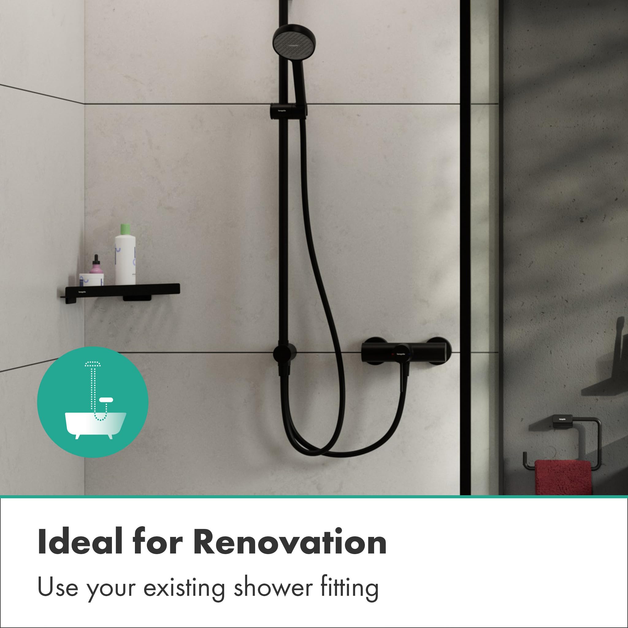 hansgrohe Activera Q - Colonna doccia senza miscelatore (EcoSmart), Sistema doccia con deviatore, soffione (290 x 180 mm), doccetta, tubo e asta, nero opaco, 28757670