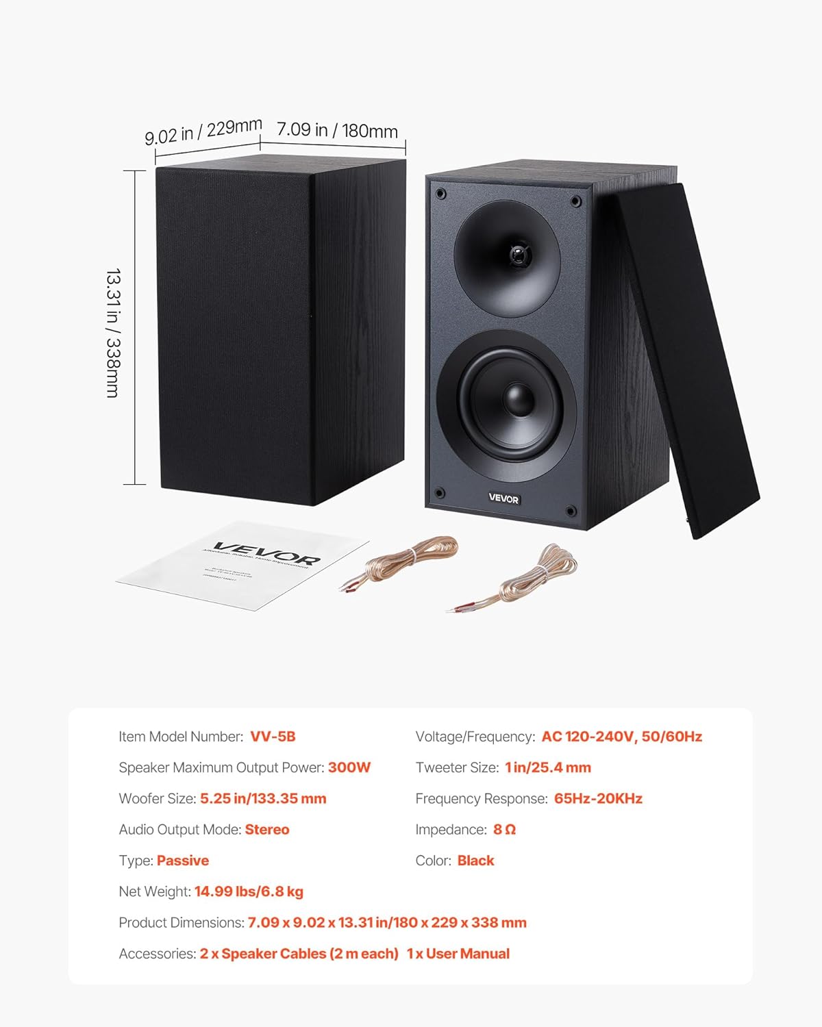 VEVOR Passive Bookshelf Speaker, 300W, Book Shelf Stereo Speakers with 5.25-Inch Woofer and 1-Inch Tweeter, Detachable Grille, 65Hz-20KHz Frequency Response, Wooden Enclosure,for Home Theater (1 Pair)