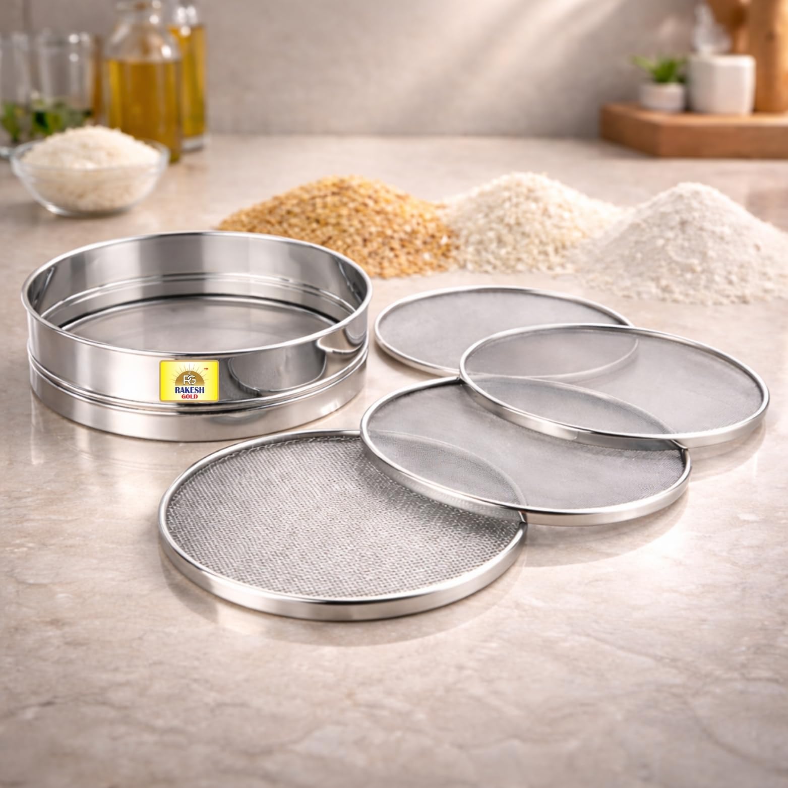 Rakesh Gold Stainless Steel 4 in 1 chalni for Kitchen – Multi-Use Channi stainr for Kitchen/Steel Chalni for Wheat, Rice, Atta, Maida | Steel Strainer for Kitchen. (4 in 1 CHALNI, Regular Size)-image-23