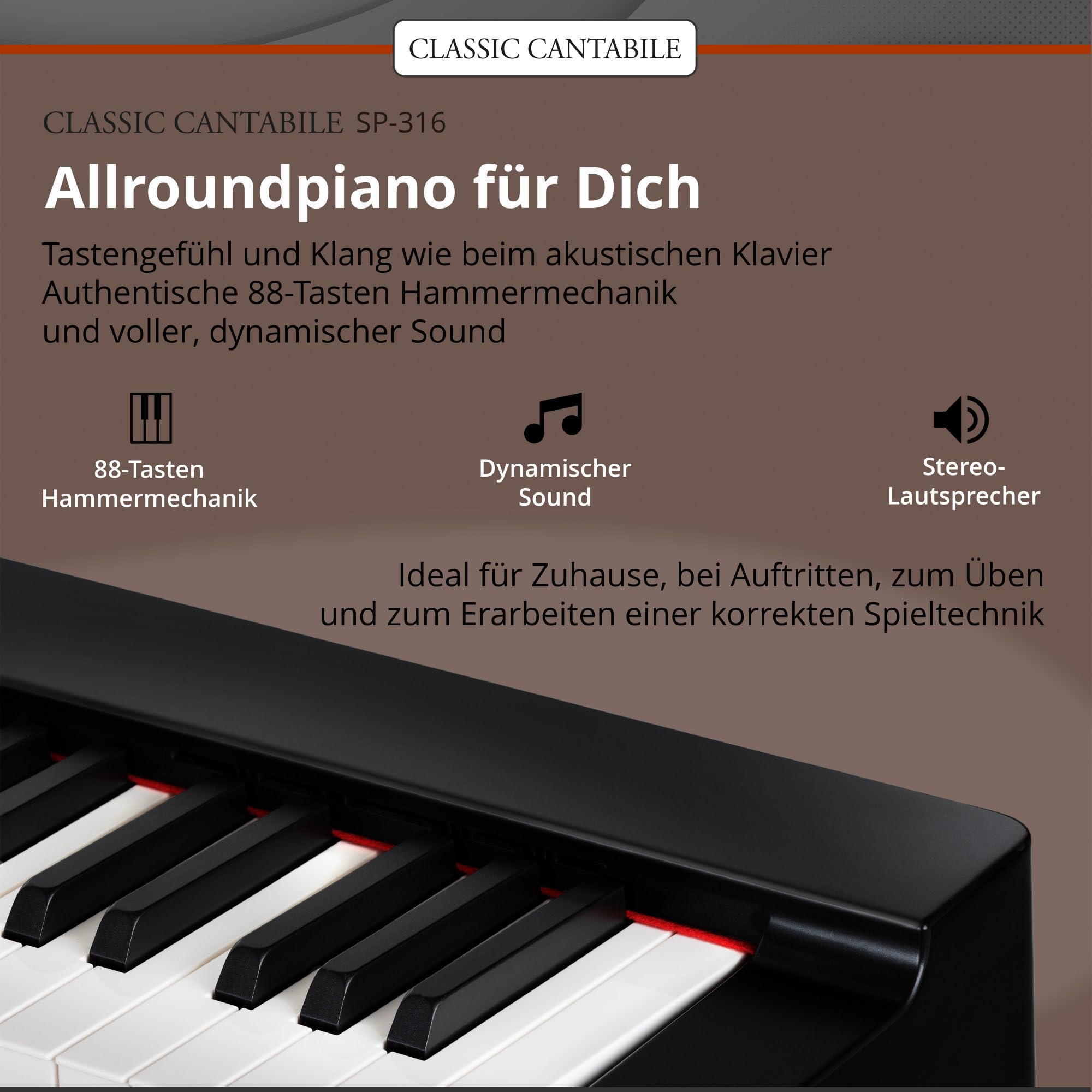Classic Cantabile SP-316 Stage Piano Stage Set Schwarz, 20 Voices | 88 anschlagsdynamische Hammertasten, Graduierte Gewichtung der Tasten, DAAS-Sampling-Technologie, 20 Rhythmen, 50 Demo-Songs