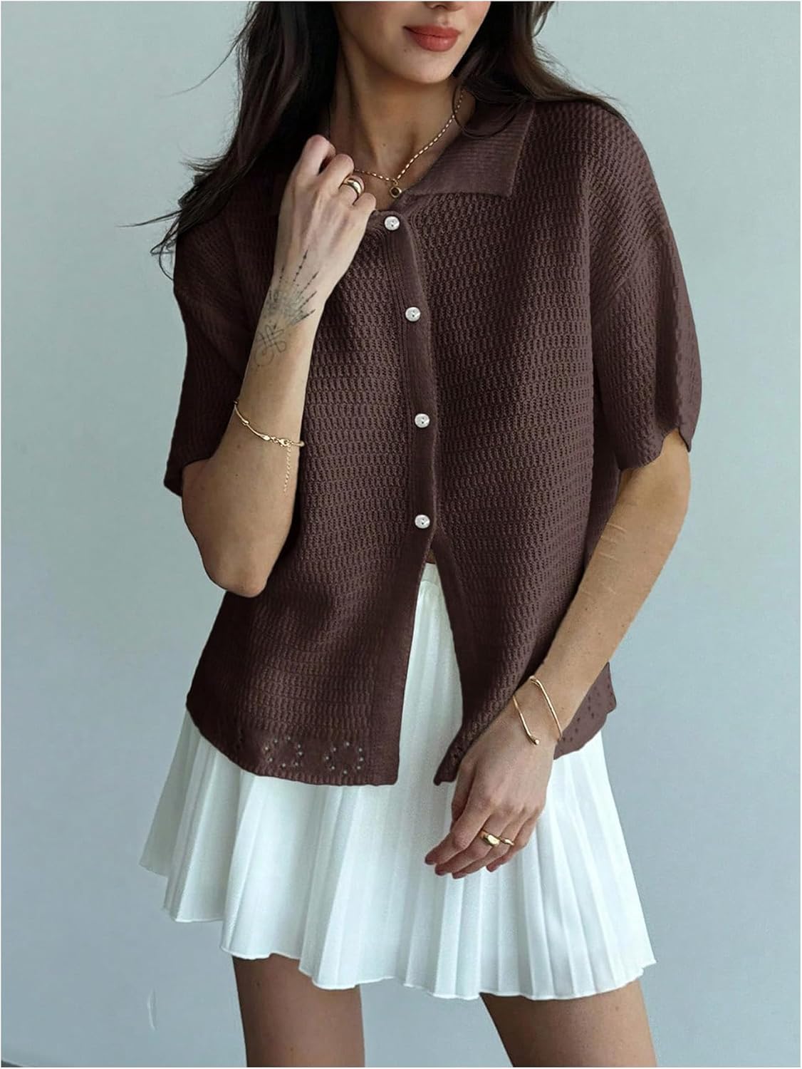 MakeMeChic Women's Half Sleeve Cardigan Button Down Short Sleeve Knitted Sweater - Image 5