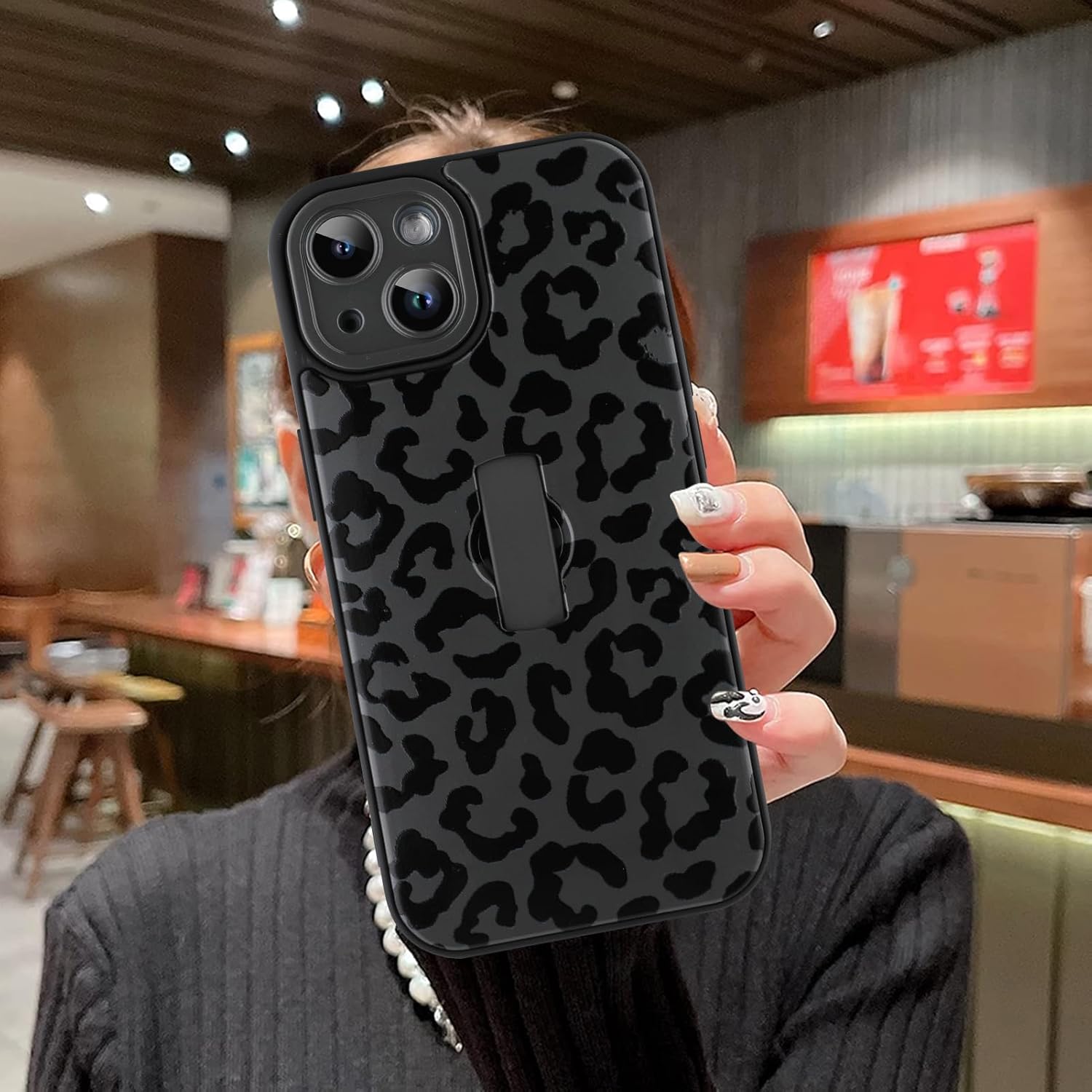 MOWIME Compatible with iPhone 14 Case with Finger Strap, Cheetah Print Shockproof Soft TPU Protective Cover for Women Girls, Slim Anti Scratch Case for iPhone 14 6.1 Inch, Black - Image 4