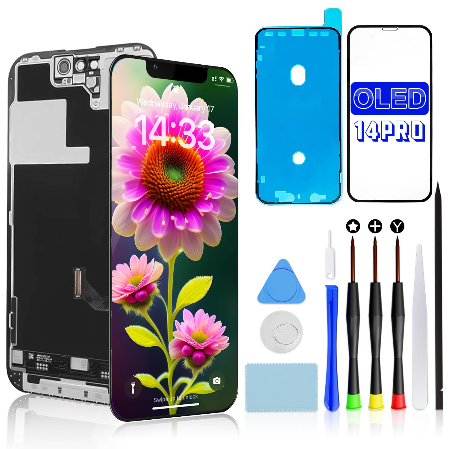 Soft OLED Display per iPhone 14 Pro 6,1" FHD COP Sostituzione Digitizer | Schermo Retina COP Full HD Digitizer, Face ID, Uso Con Occhiali Da Sole, Include Kit Attrezzi, Vetro e Sigillo Impermeabile