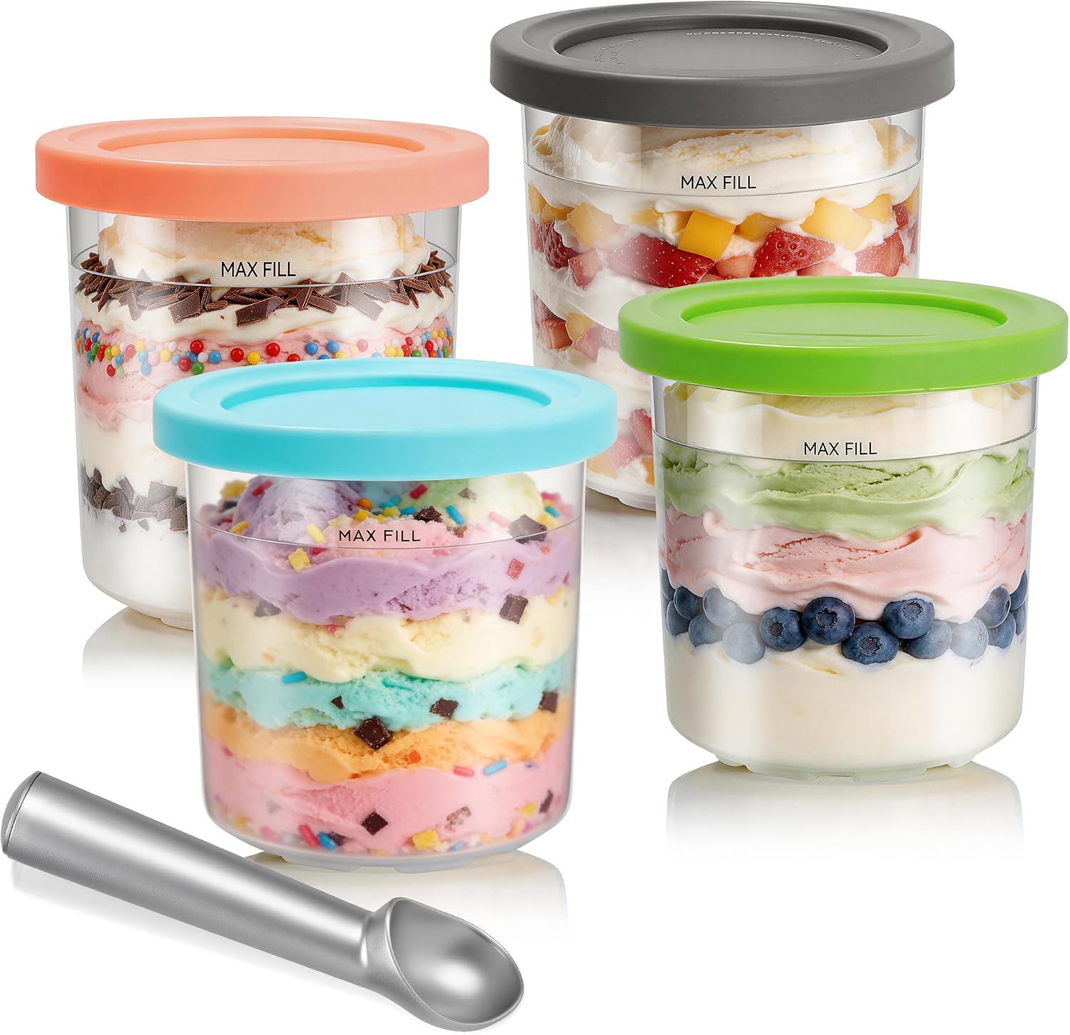 4 Pack 16 oz Ice Cream Containers with Lids and Aluminum Scoop, Replacement Pint Cups Compatible with NC300, NC301 and NC299AMZ Series, BPA-Free Dishwasher-Safe Containers