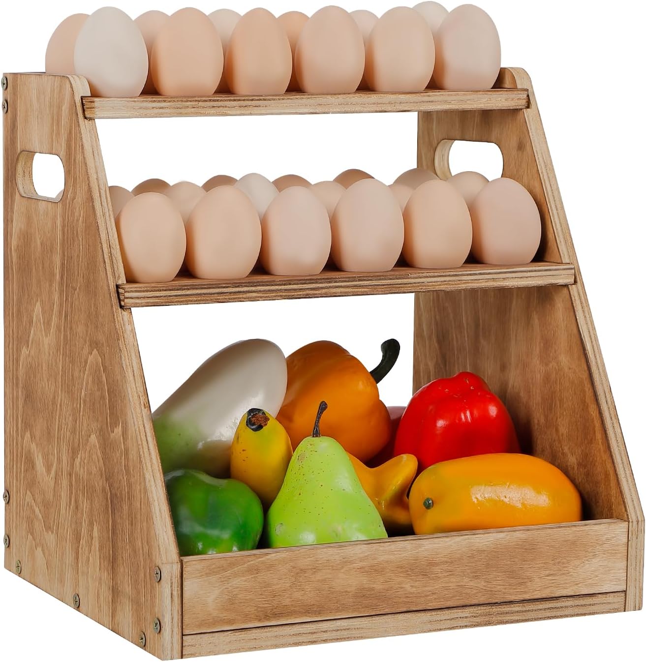 HAITRAL 3-Tier Wooden Egg Holder, Retractable Egg Holder Countertop With Basket, Farmhouse Egg Rack With handle Can Hold 70 Fresh Chicken Egg, Duck Egg, Suitable for Home Kitchen