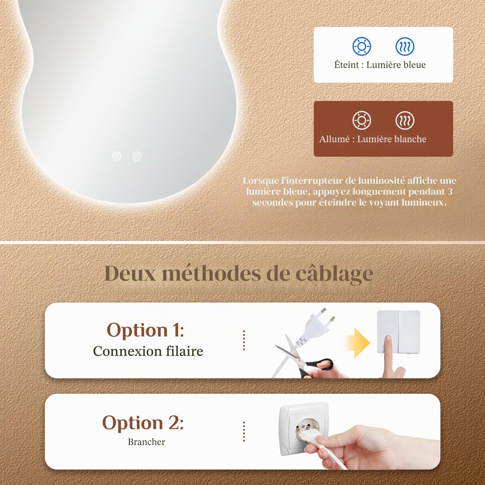Clevich Miroir de Salle de Bain avec éclairage asymétrique 90 x 60 cm, Miroir LED avec 3 Couleurs de lumière à intensité Variable, Verre trempé, Interrupteur Tactile, Fonction mémoire, Anti-buée