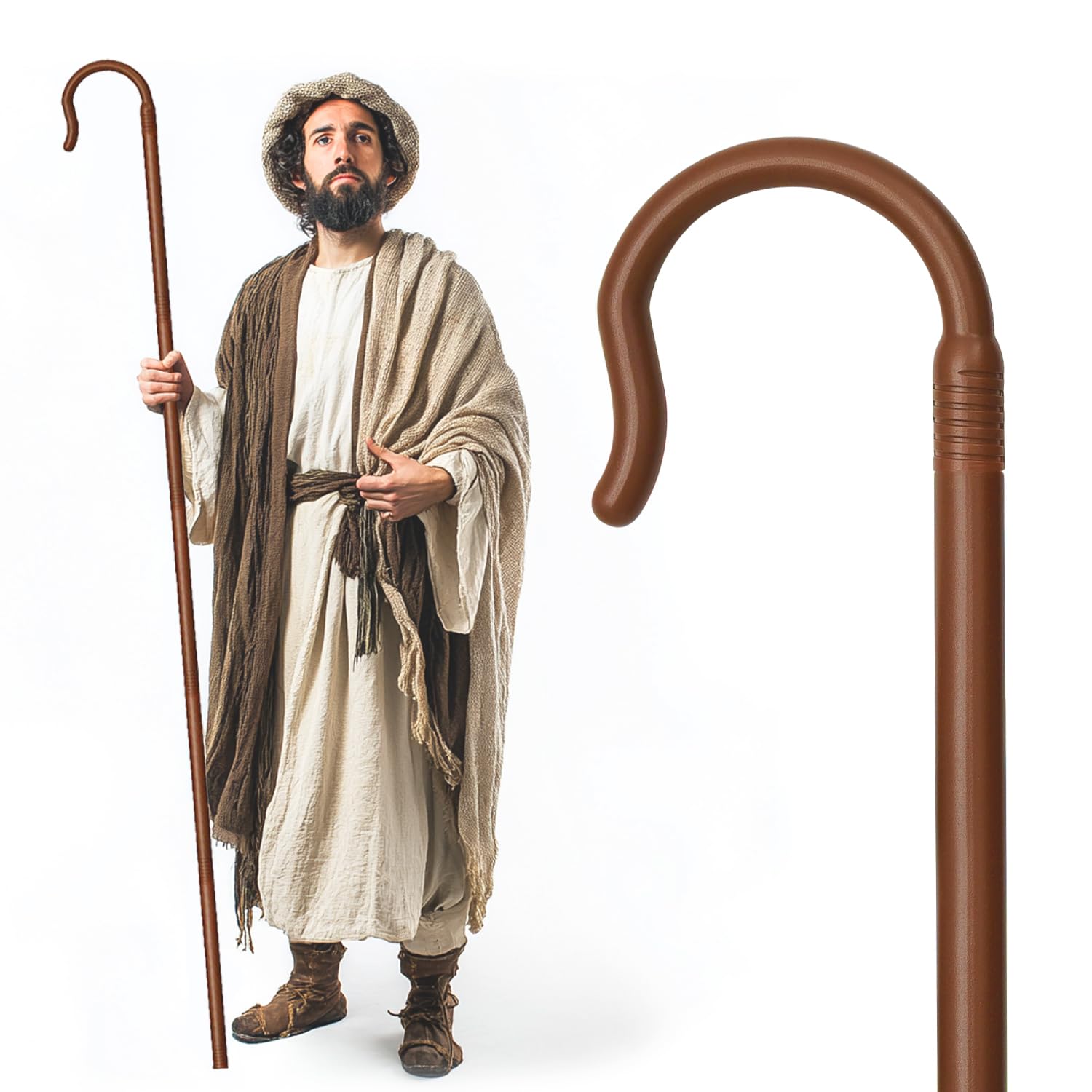 Gagift World Adjustable Shepherd Staff,63IN Brown Plastic Crook Cane for Shepherd Costume,Wizard Staff for Nativity and Halloween Cosplay Prop