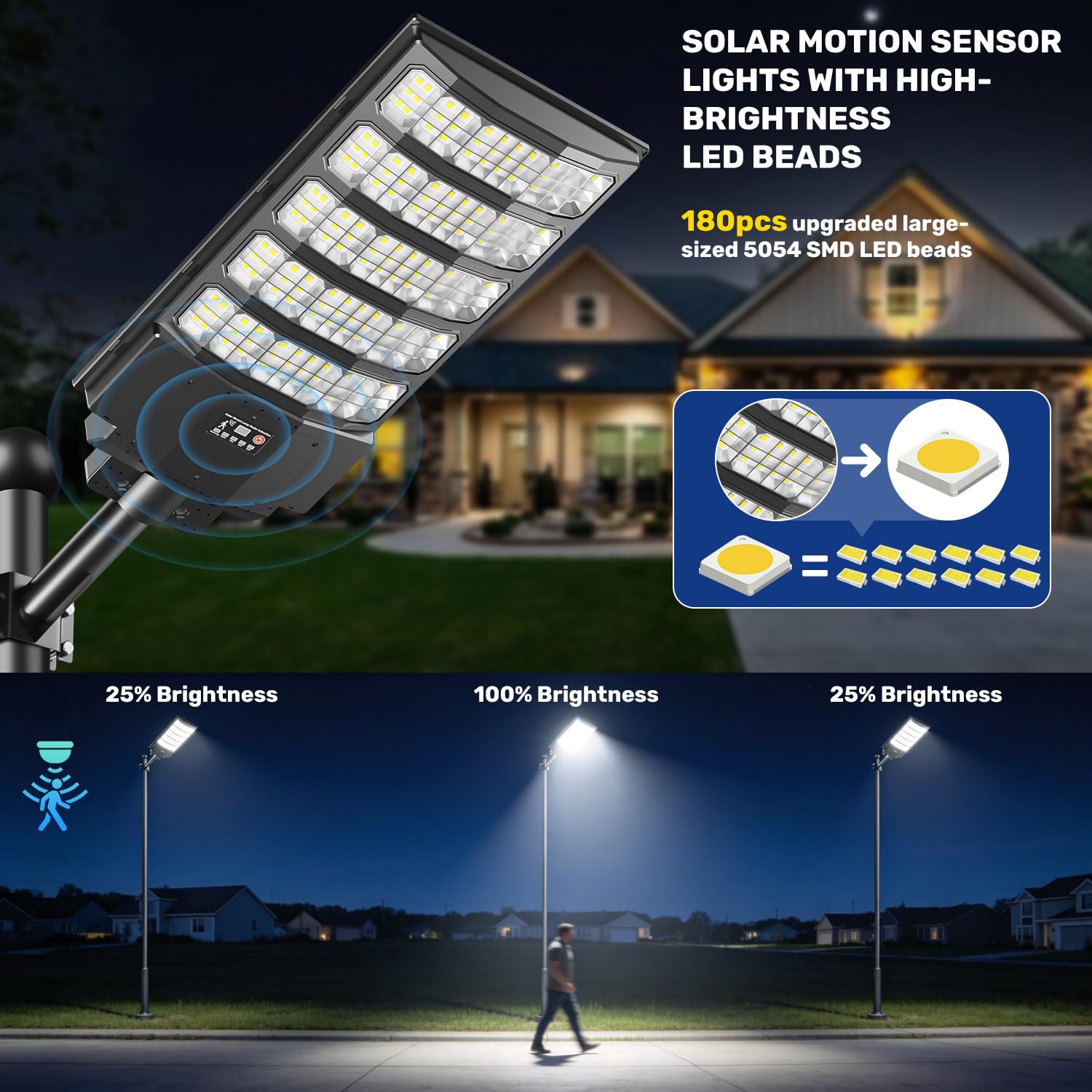 Lampione Solare LED Esterno 8000W Ultra Luminoso, Faretto Stradale IP66 Impermeabile con Sensore di Movimento e Telecomando, 6500K Lampioni Solari da Giardino Esterno per Strade, Cortili