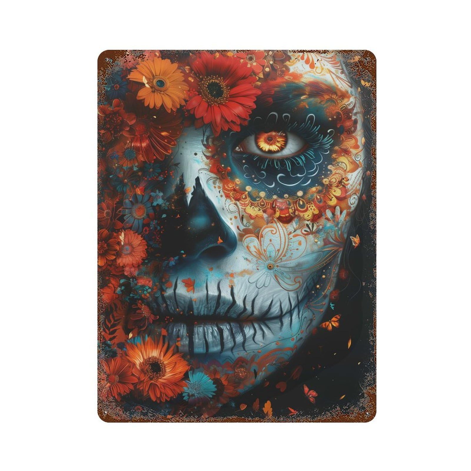 Sugar Skull with Flowers 15.7"x11.8" Aged Metal Wall Plaque, Retro Wall Decor for Farmhouse, Kitchen And Entryway Decor