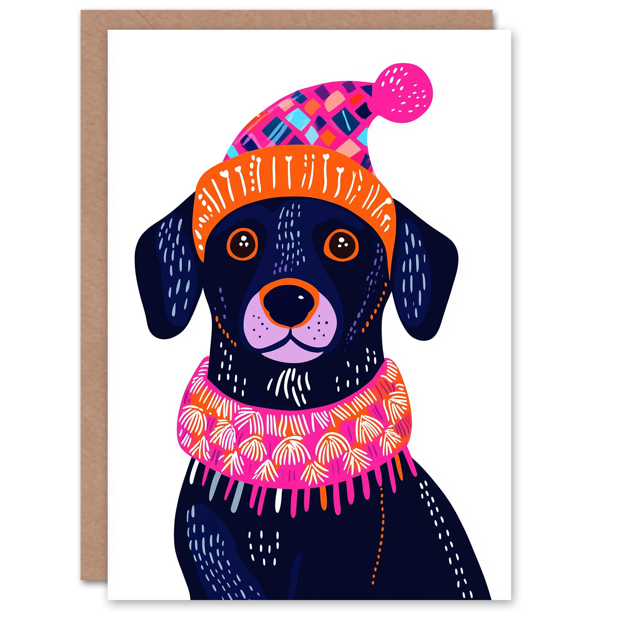 Wee Blue Coo Greeting Card Dog Lover Pet Vibrant Winter Hat Scarf Folk Art Blank For Him Or Her Art Xmas Christmas Card
