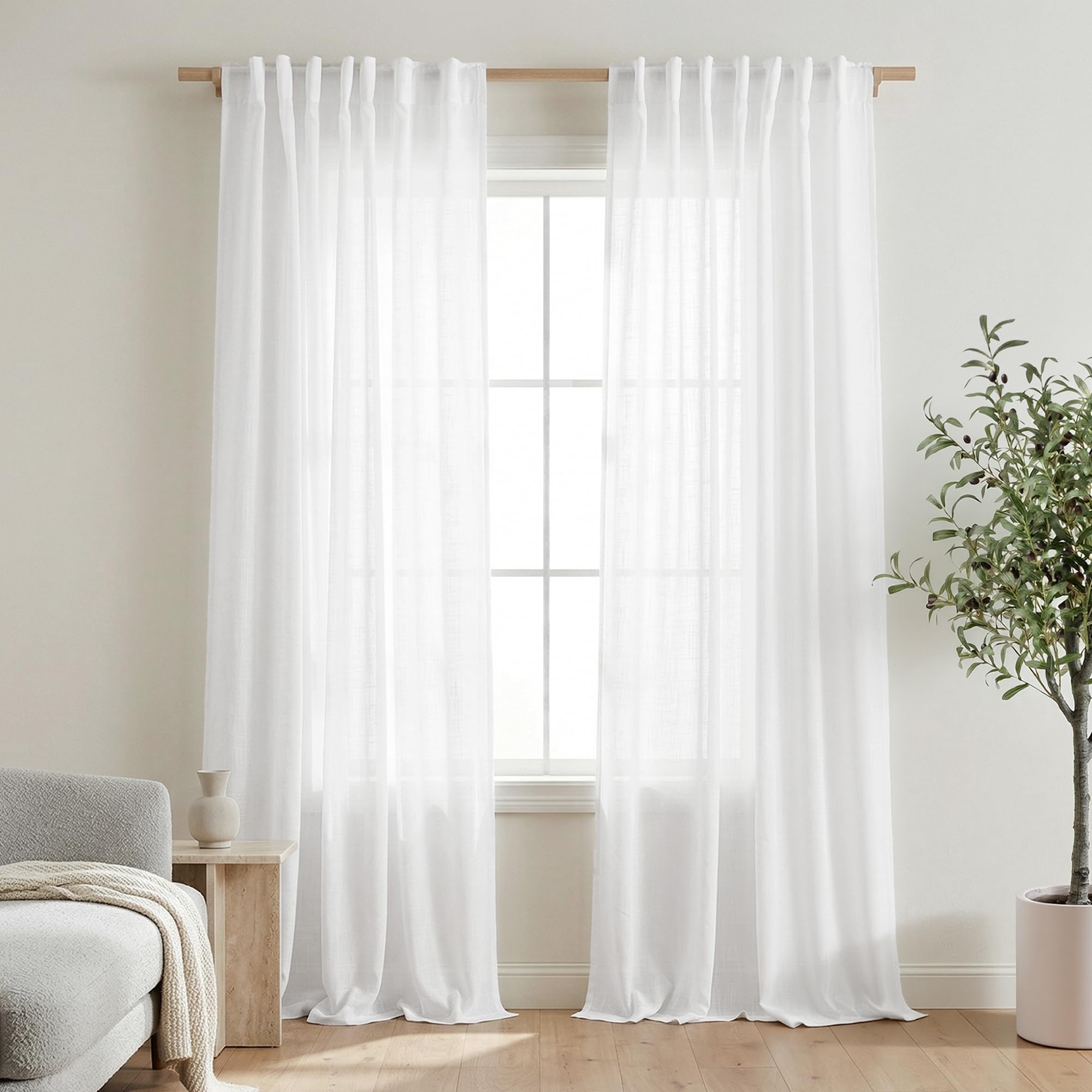 Mrs.Naturall White Linen Curtains 90 Inches Long, Flowy Summer Coastal Back Tab Semi Sheer Light Filtering Window Drapes for Bedroom Living Room 2 Panels Set โ image 1