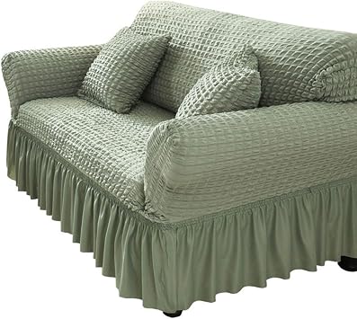 Sofa Cover, Stretch Couch Slipcover with Skirt Fitted Couch Cover, 1 2 3 4 Seater Slipcover Couch Covers, Washable High Elastic Durable Seersucker Fabric. Green,3 Seater/Sofa