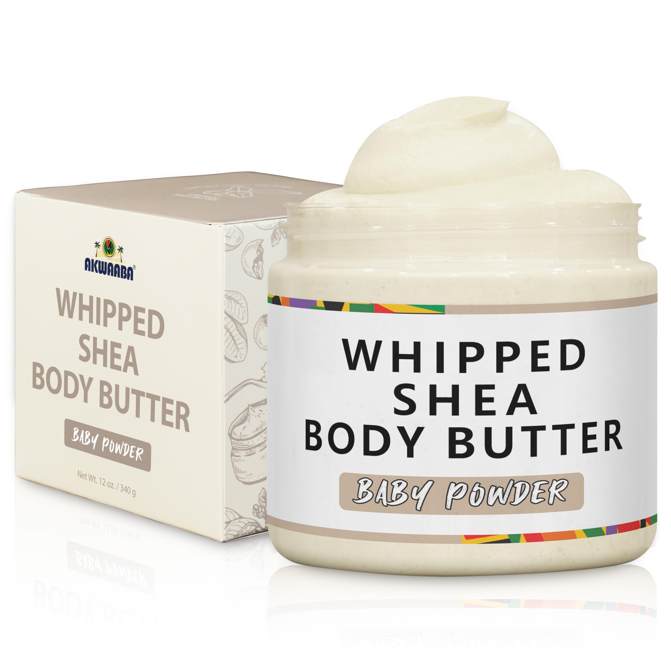 AKWAABA Whipped Shea Body Butter (Baby Powder Scent) - Moisturizes, Glows & Softens Skin | Natural Raw Shea Butter | For Dry Skin | 12 oz / 340 g