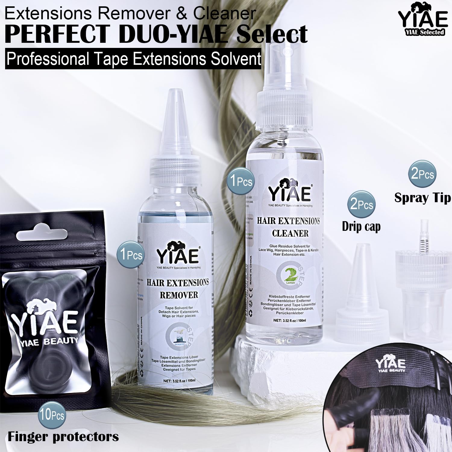 Tape in Extension Remover & Adhesive Residue Cleaner Pro Kit, YIAE Extra Strong Lemon Oil Wig Tape and Adhesive Remover, Wig Glue Remover Tape in Remover Gentle on Skin (100+100 ml)