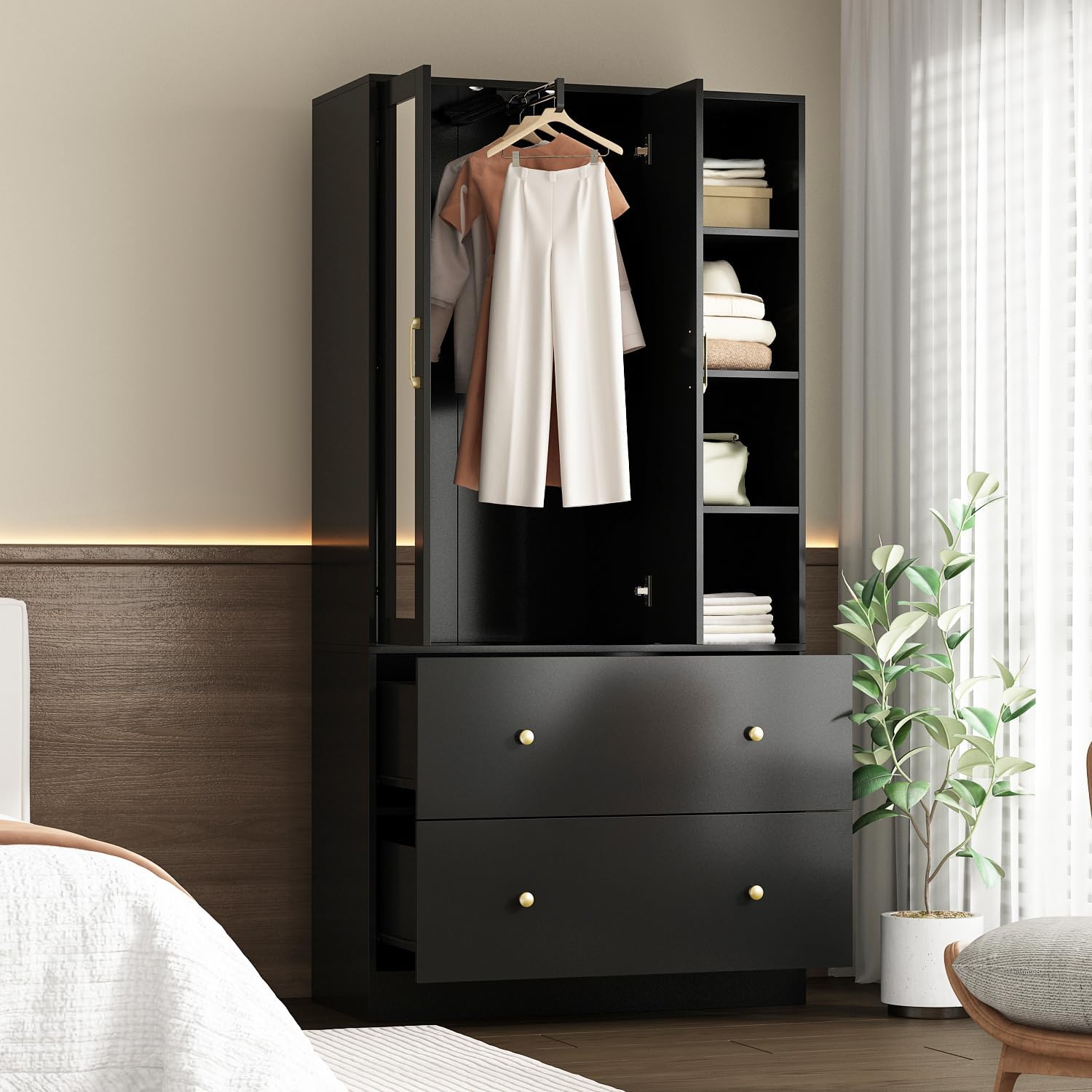 Homsee Wardrobe Armoire Wooden Closet with Mirror, 2 Doors, 2 Drawers, 4 Open Storage Cubes and Hanging Rod for Bedroom, Black (35.5”L x 15.8”W x 70.8”H)