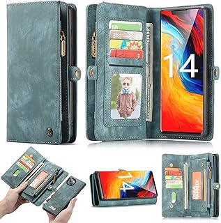 Simicoo iPhone 14 Plus Leather Detachable Wallet Zipper Case with 11 Card Slots Holder Magnetic case for iPhone 14 Plus Flip Wallet Handle Wrist Strap Shockproof Pocket Handbag for Man Woman (Blue)