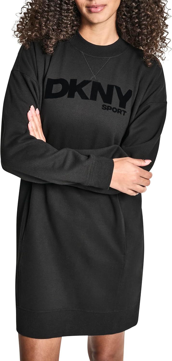 DKNY Womens Long Sleeve High Neck Flocked Logo Fleece Sneaker Dress