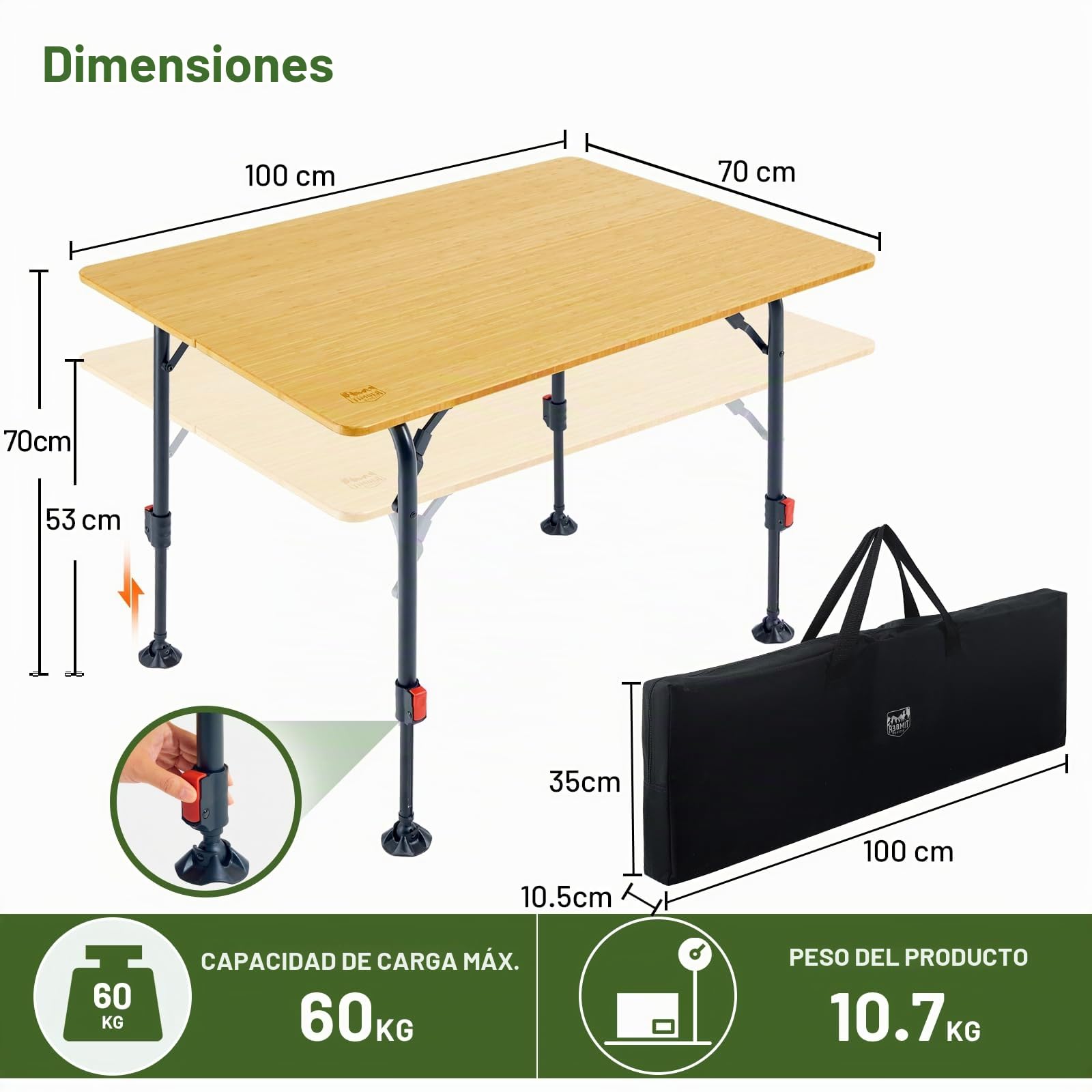 TIMBER RIDGE Mesa de camping plegable de bambú, altura regulable