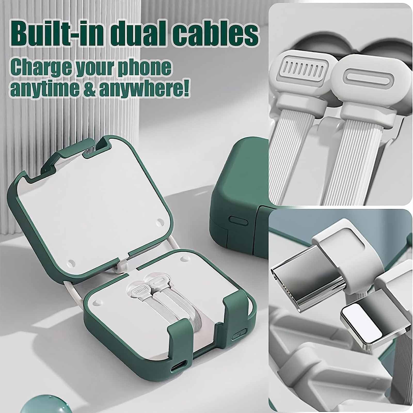 Mini Banco De Energía Y Soporte para Teléfono, Mini Banco De Energía De 4000 Mah con Cable Doble Integrado, Bonito Banco De Energía con Cable Integrado,Verde