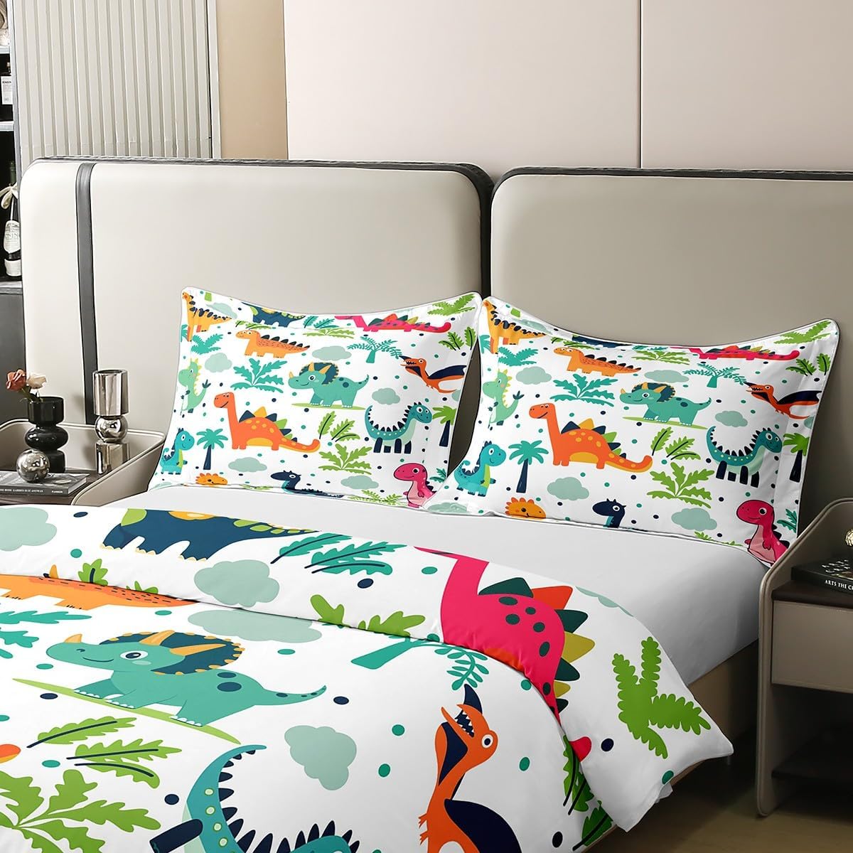 Manfei Kids Cartoon Dino Pure Cotton Duvet Cover Twin Size,Orange Blue Dinosaurs Soft Bedding Set,Boys Dinosaur Trees Youth Comforter Cover Bedding 2 Pieces (No Comforter),1 Pillowcase
