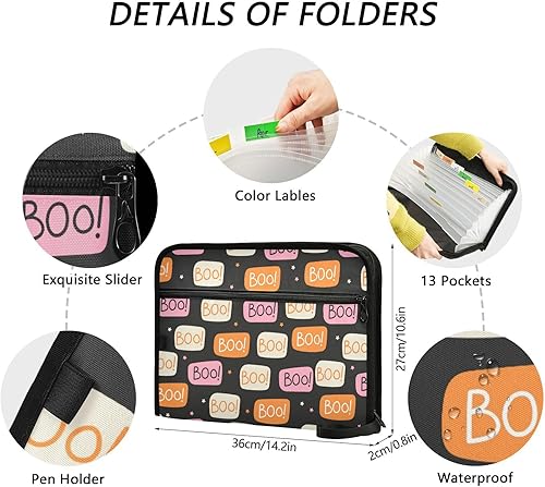 Vista 3 de Halloween Bright Bubble Boo Expanding File Folders 13 Pockets A4 Letter Size Hanging File Folders with Zipper Closure Expandable Hanging File