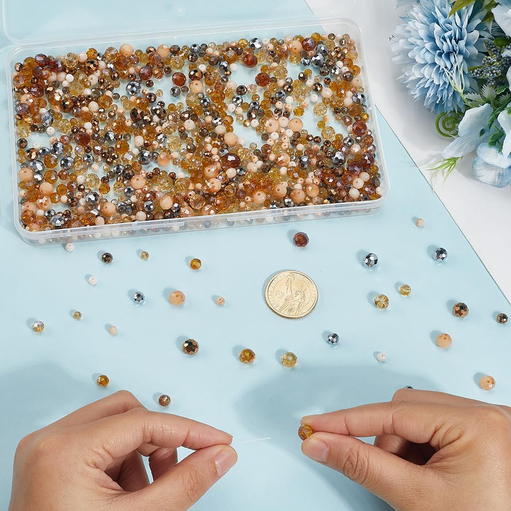 1 Box 1050PCS 18 Styles Briolette Faceted Rondelle Glass Beads with Holes Brown AB Color Plated Transparent Round Spacer Loose Bead for Jewelry Making Necklaces Bracelet DIY Craft Supply - Image 3