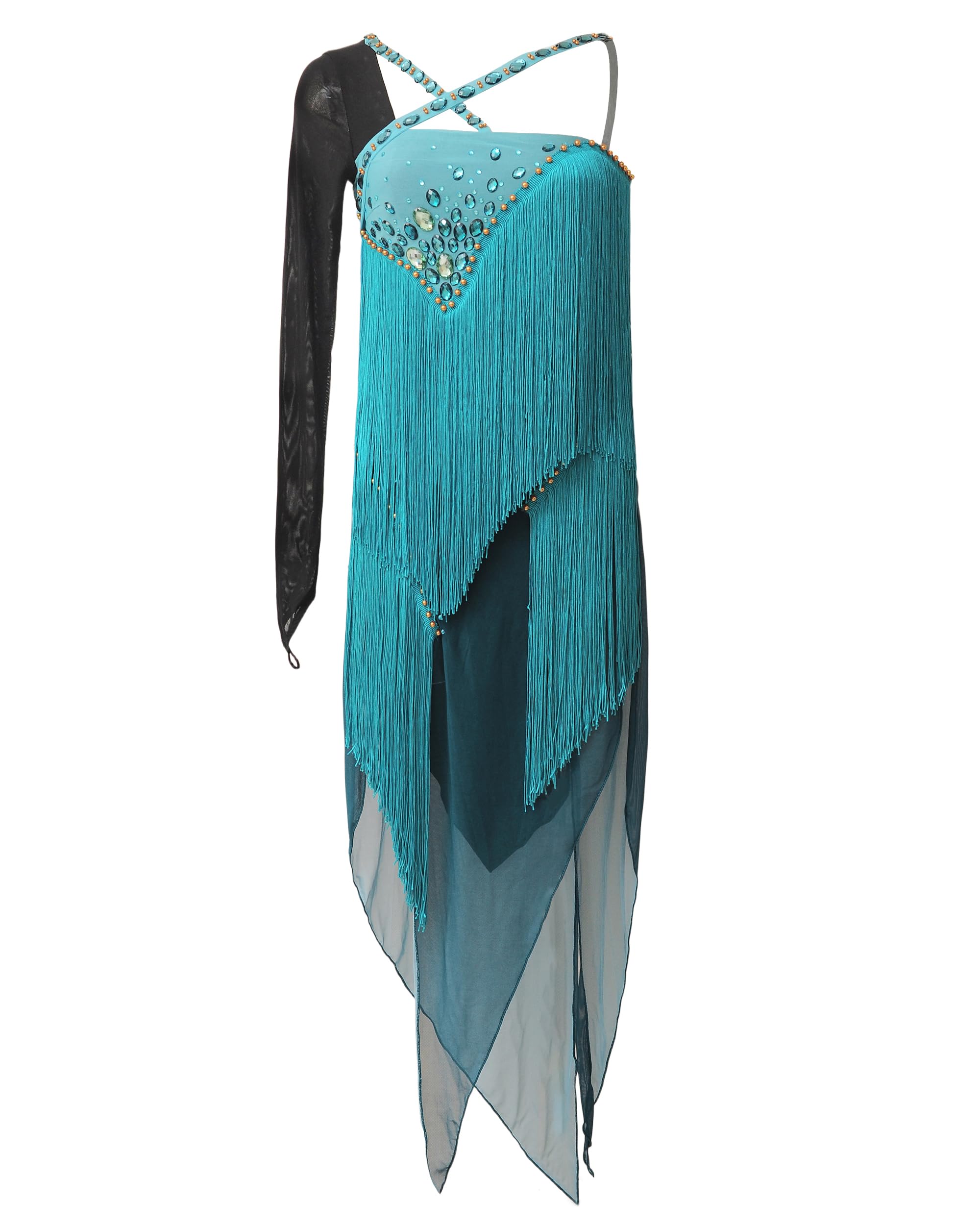 ROYAL SMEELA Damen Fransen Latein Tanzkleid mit Strass,lateinisches Tanz Kleid für Frauen, Tango Samba Rumba Salsa Kleid mit Asymmetrische Ärmel