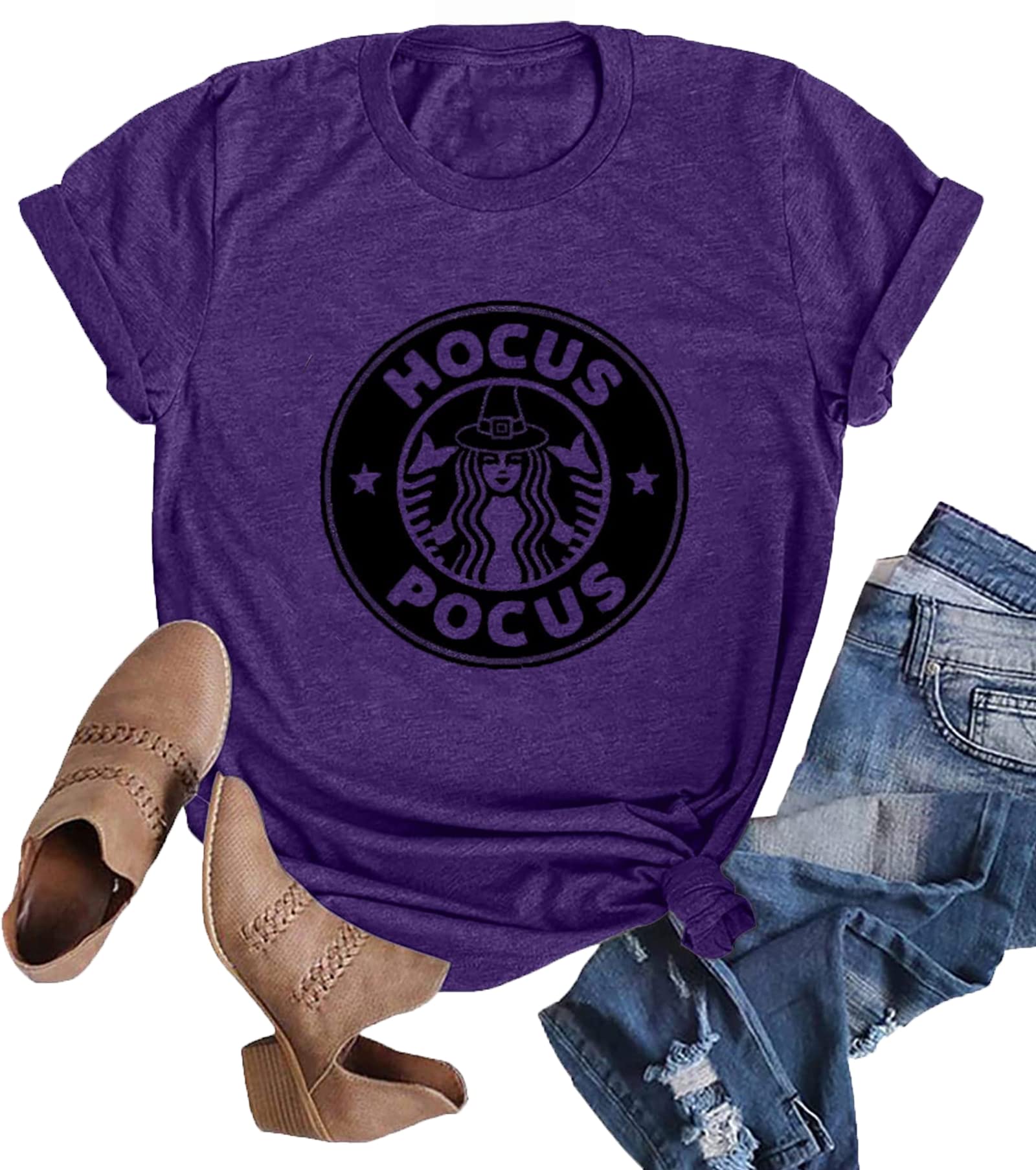 Anbech Women Hocus Pocus T-Shirt Halloween Letter Print Tees Casual Fall Short Sleeve Blouse Tops