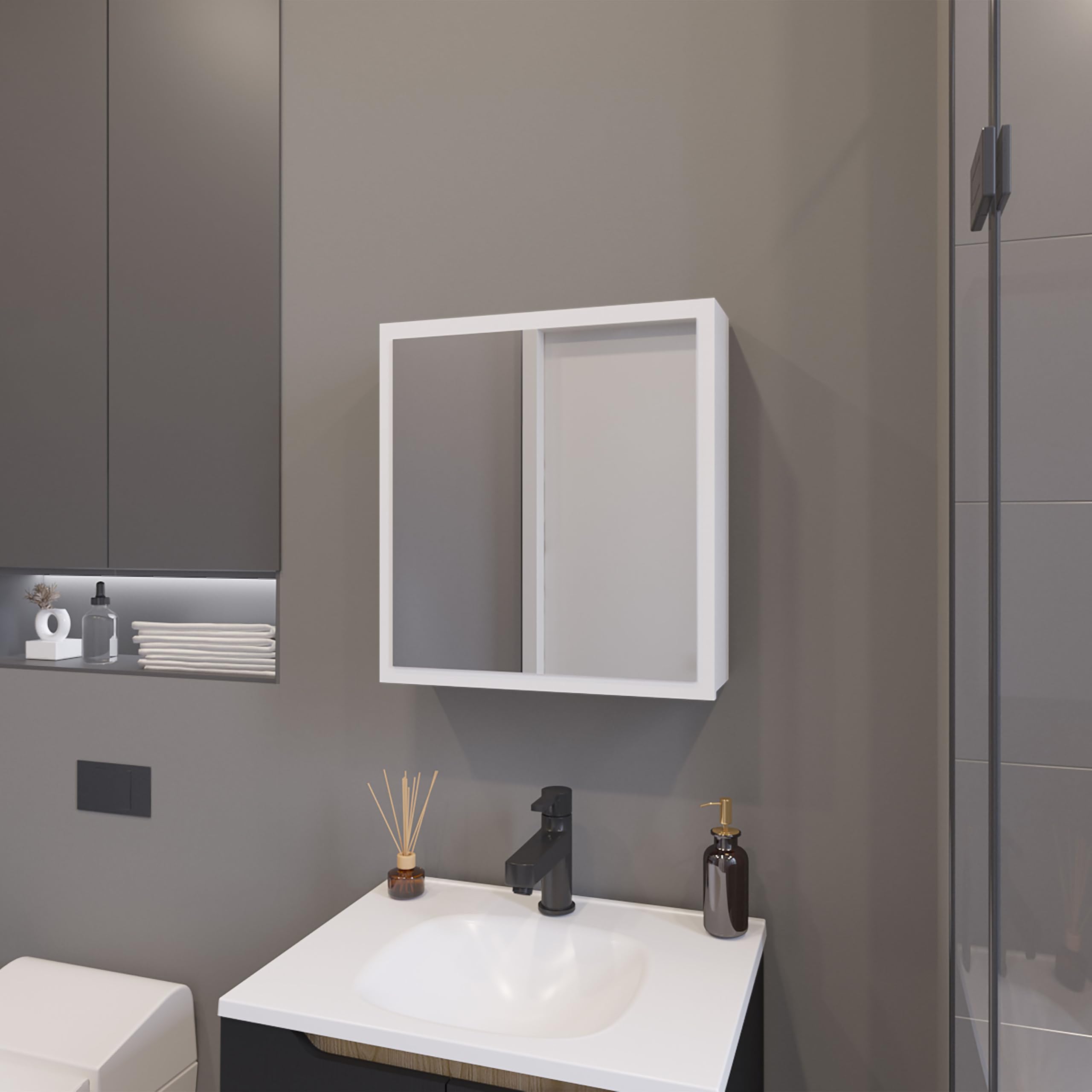 Wall-Mounted Bathroom Storage with Integrated Mirror and Ample Compartments