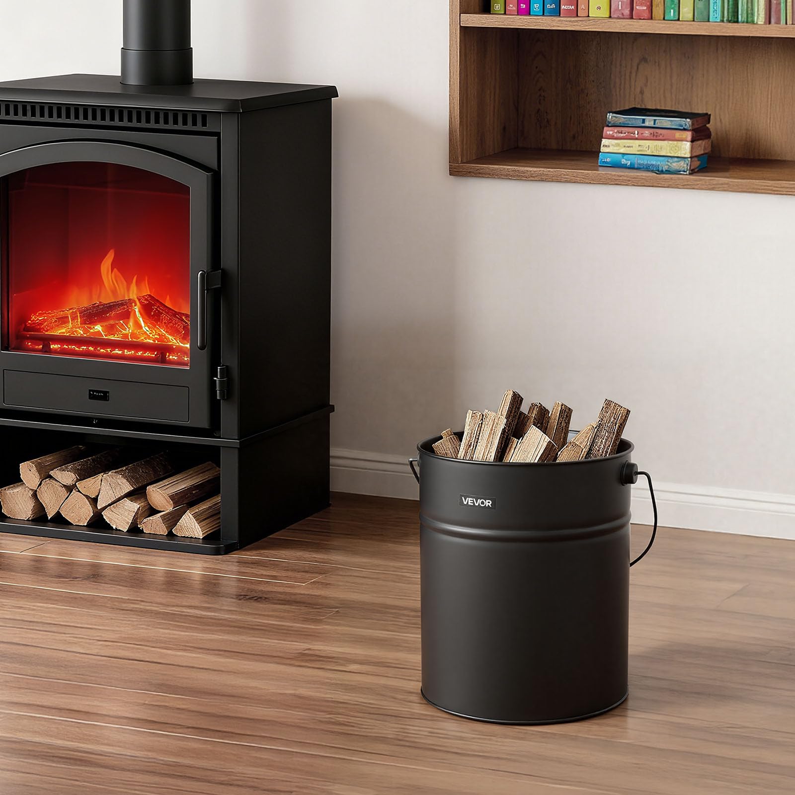 VEVOR Secchio per Cenere per Camino, 4 Pezzi con Coperchio, Pala, Scopa e Guanti, Secchio per Carbone e Contenitore per Cenere in Metallo per Caminetti, Capacità 15 L per Caminetti, Bracieri