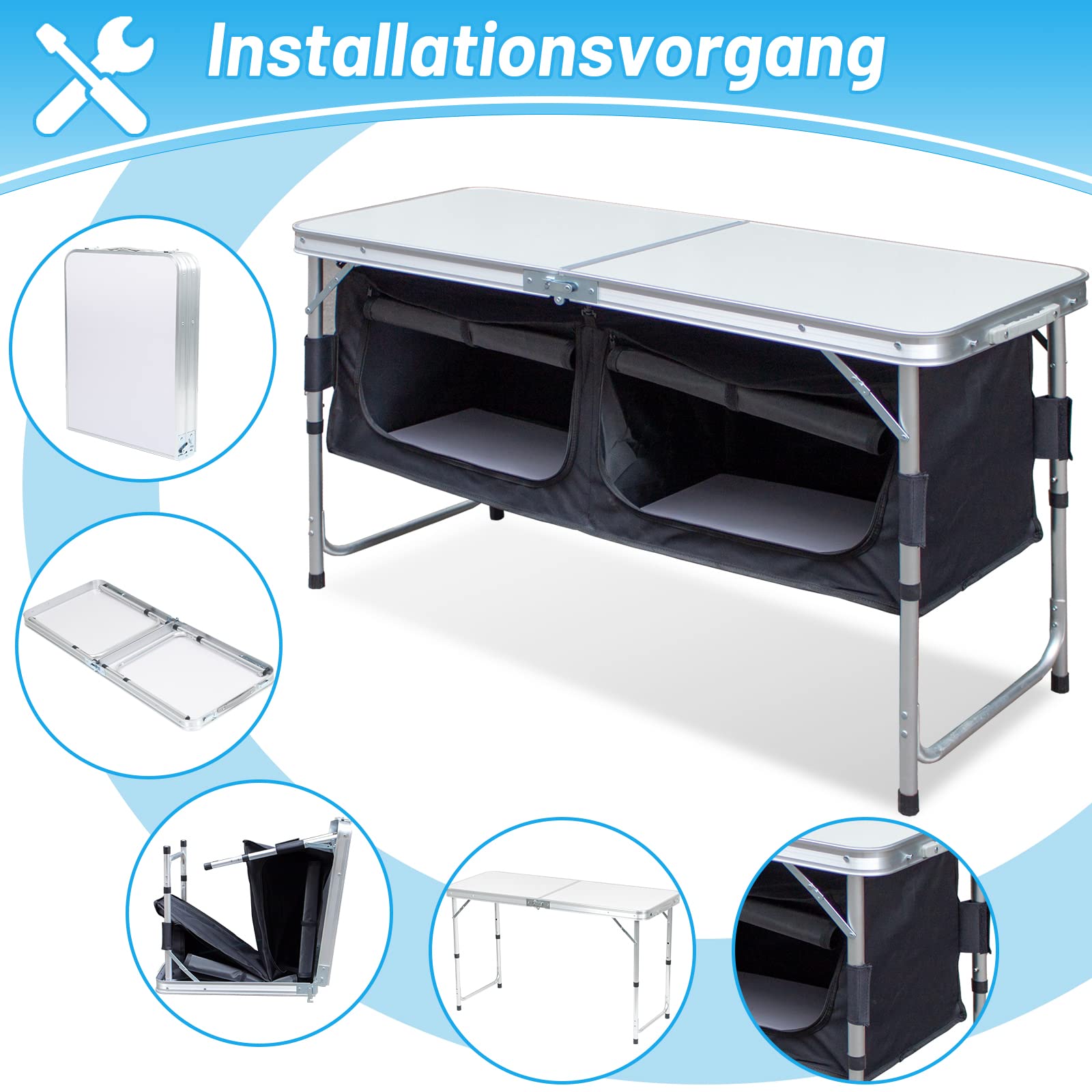 Tubiaz Campingkeuken, campingkast met aluminium frame, inklapbare campingkeuken met hittebestendig werkblad en spatbescherming, voor camping en outdoor, inclusief draagtas