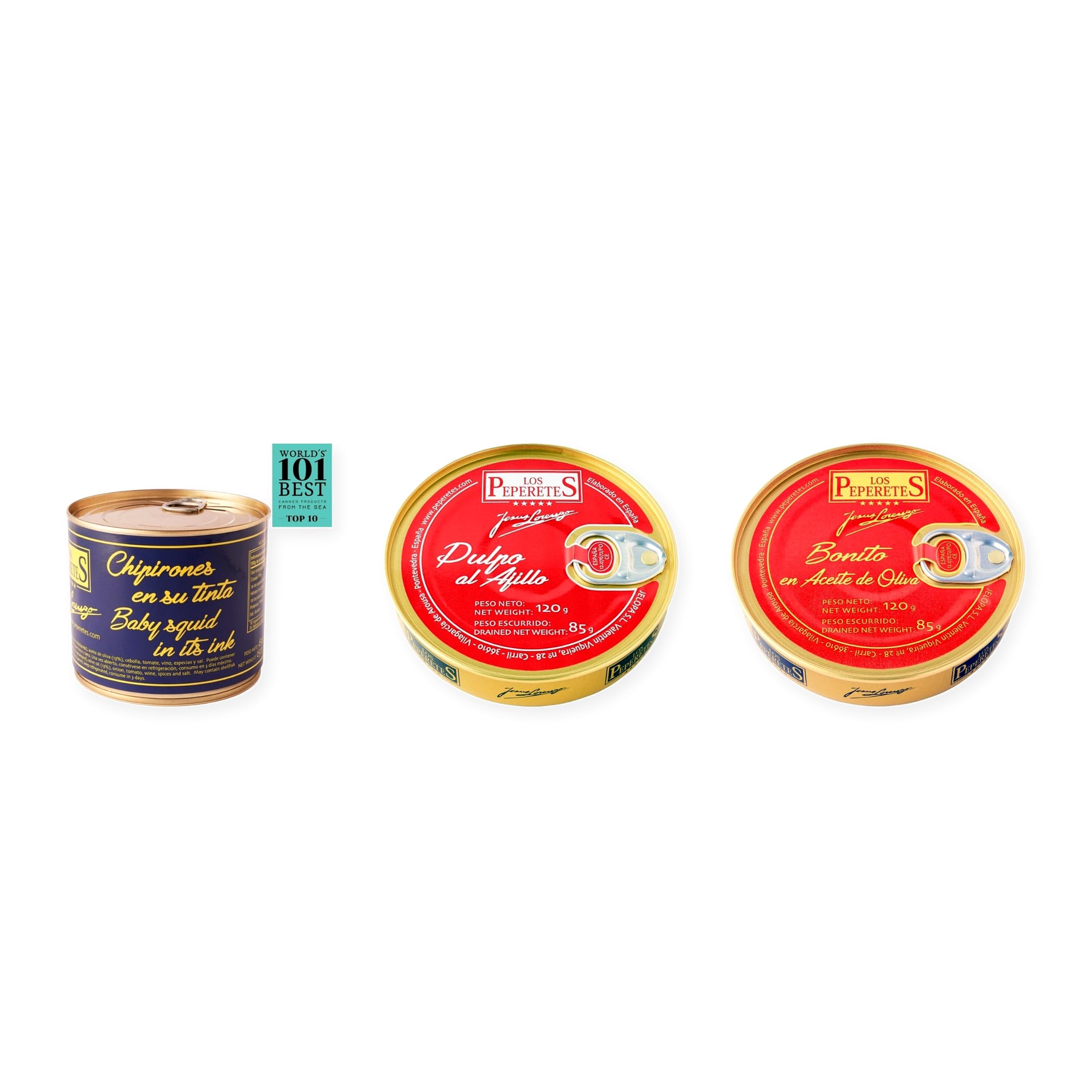 los peperetes conservas Chipirones Tinta 460g, Pulpo Ajillo y Bonito Aceite Oliva pack 3 latas