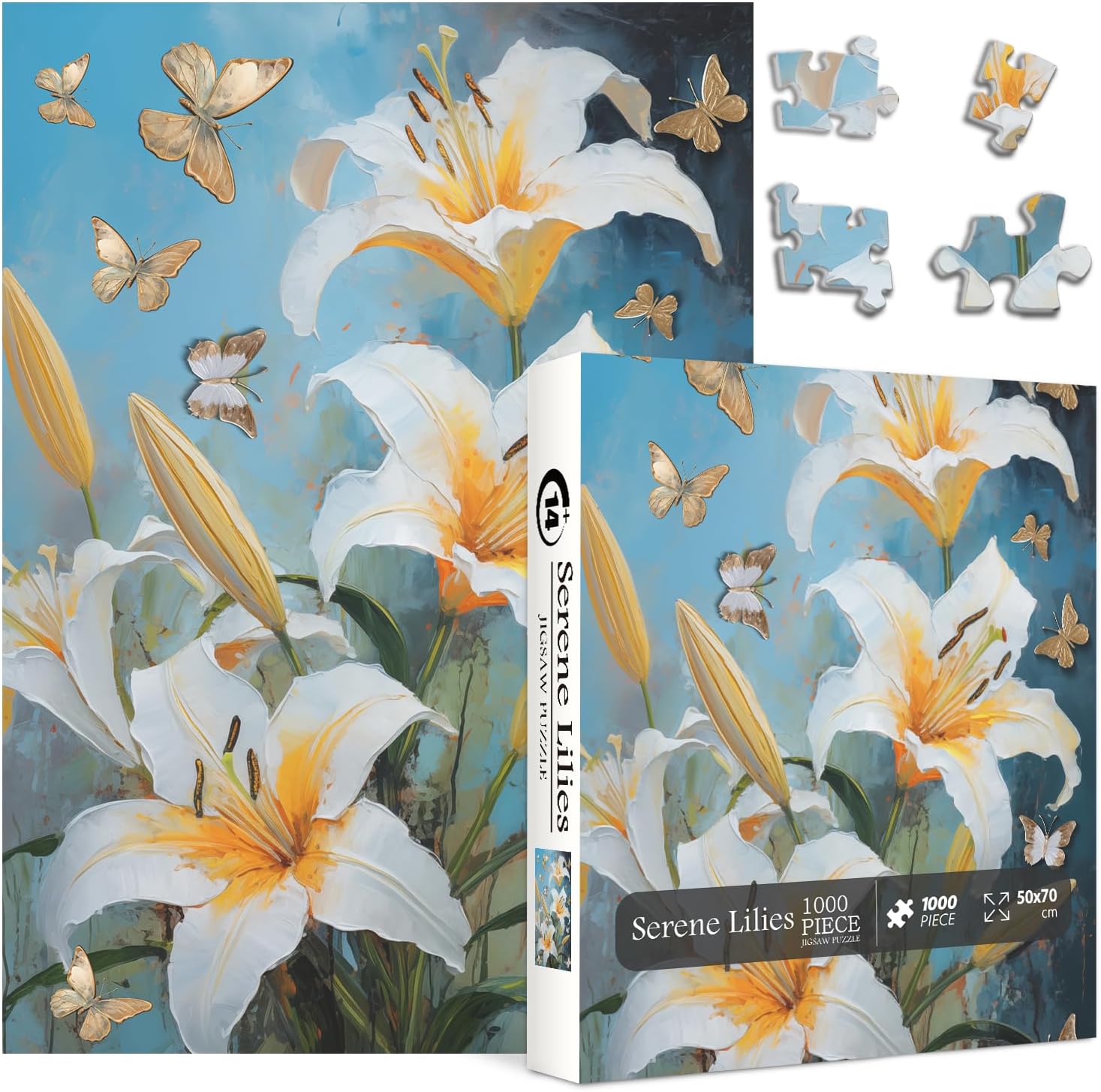 Flower Puzzles for Adults 1000 Pieces, Vintage Lily Flower Art Plant Butterfly Jigsaw Puzzles, Retro Blooming Spring Floral Puzzle
