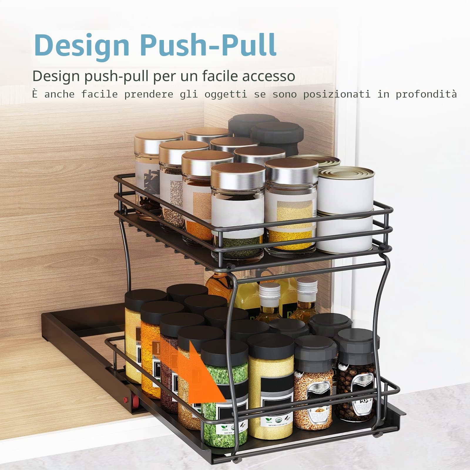 Portaspezie per Organizer， Porta Spezie per Cucina Estraibile 2 Livelli, Organizer Sottolavello Cucina, Organizzatore Porta Spezie per Riporre Barattoli e Spezie,Metallo/nero