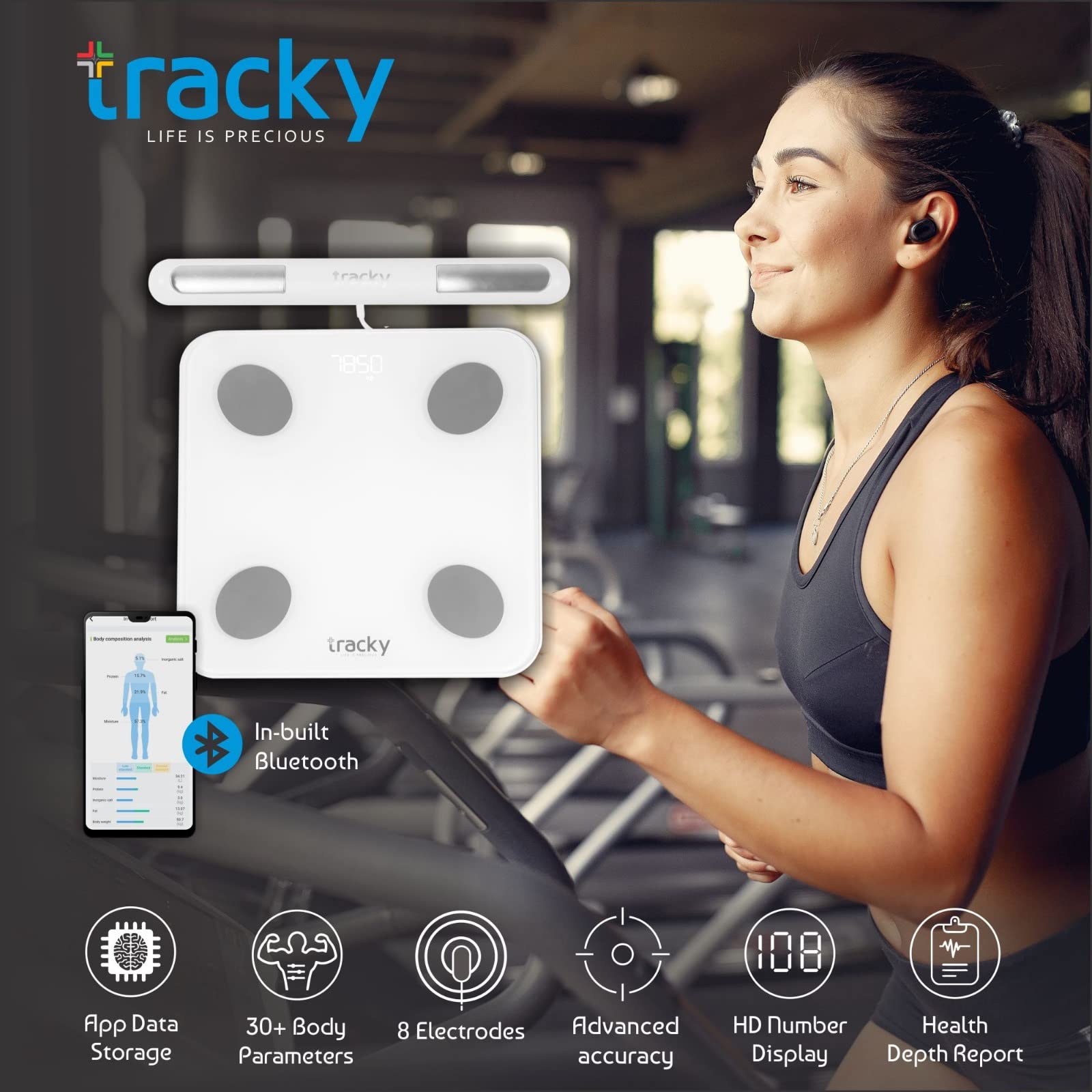 Tracky Advance Body Composition Analysis machines with 8 Electrodes - Smart Monitor Body Composition Scale with 22 Essential Parameters for Weight Loss, Fat Analyzer & Segment Analysis,1 year warranty 2