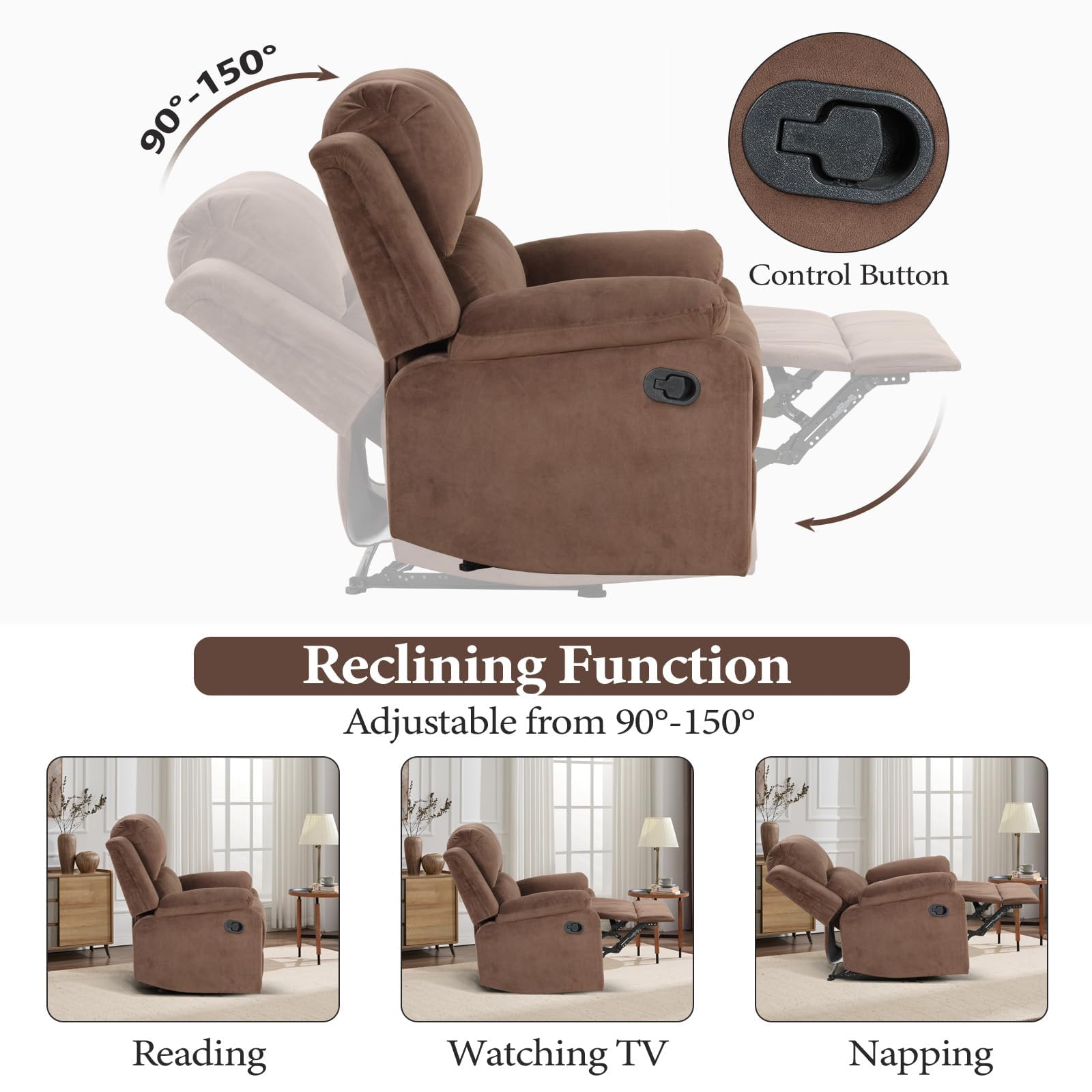 EBELLO Classic Manual Recliner Chair, Soft Microfiber Recliner Sofa with Overstuffed Arms and Back Single Reclining Couch for Living Room, Bedroom, Brown view 4