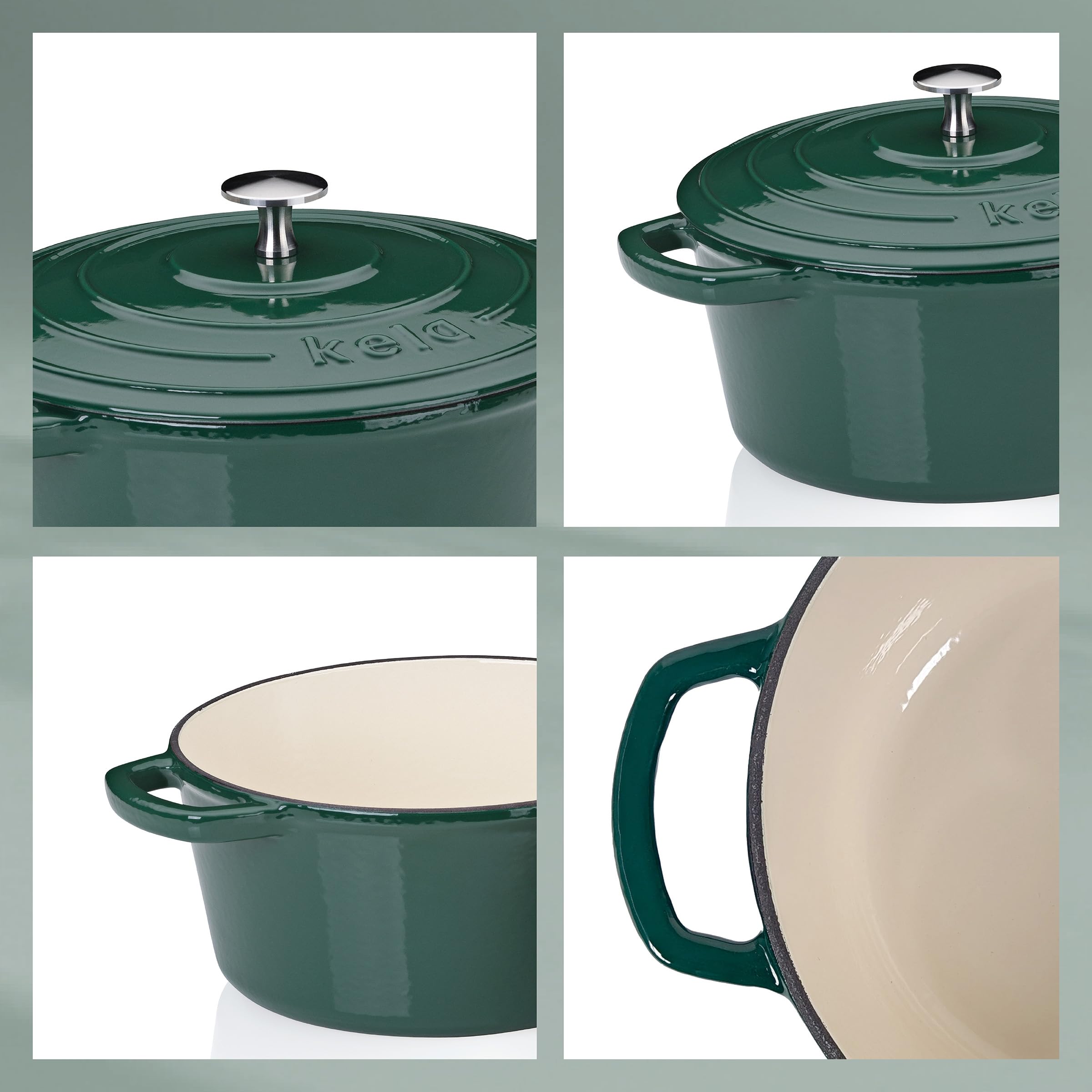 kela Bräter Gusseisen rund 4,6 Liter, Dutch Oven CALIDO, Induktion Gussbräter mit Deckel, Gusseisen Topf Brot backen, emailliert, grün
