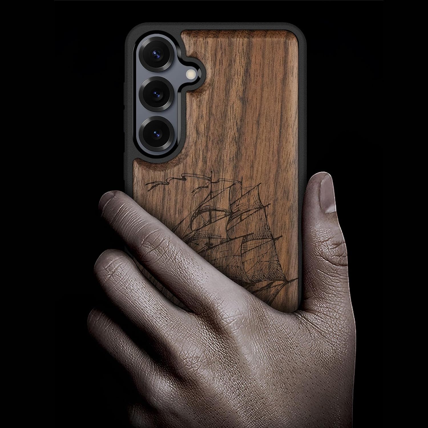 Carveit Magnetic Wooden Case for Galaxy S25+ Samsung S25 Plus Case, TPU Shockproof Cover & Wood Engraved, Compatible with MagSafe Wireless Chargers (Pirate Ship) Walnut