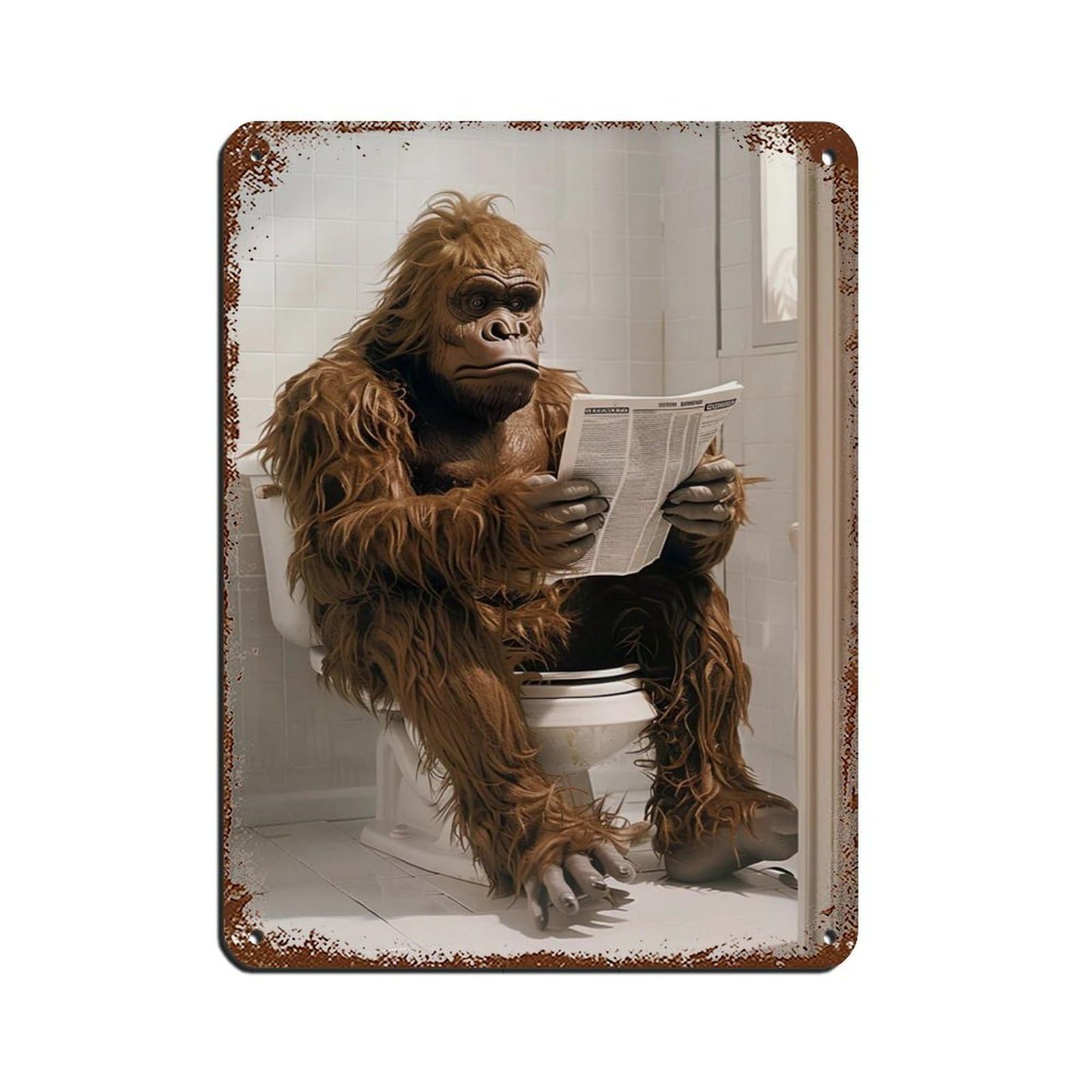 Sasquatch Sitting on The Toilet Reading A Newspaper (7) Tin Sign Vintage Metal Pub Club Cafe Bar Home Wall Art Decoration Poster Retro 12x16inch(30x40cm)