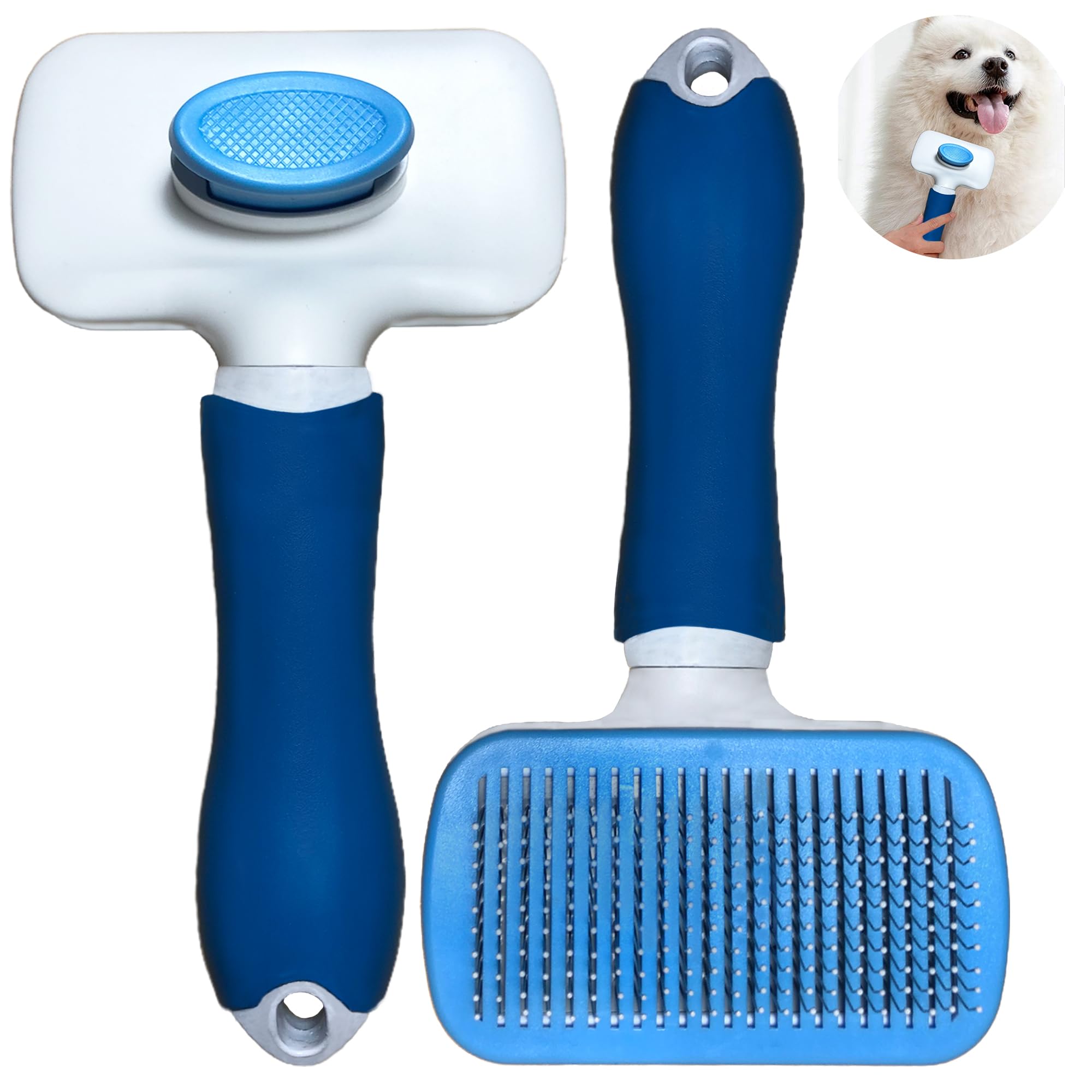 KOKU HOME Cepillo para Perros - Cepillo para Gatos Eliminador de Nudos - Cepillo Perro Pelo Corto y Largo con Sistema de Fácil Limpieza - Fabricado con Materiales Pet Friendly (Azul)