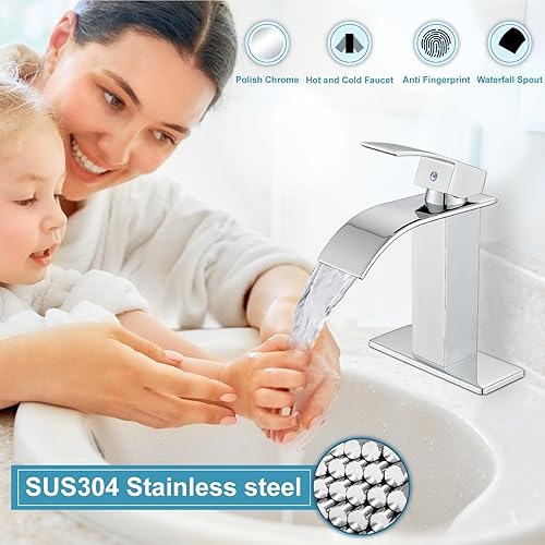 Miniatura 7 de Midanya Grifo de lavabo de baño con boquilla de cascada pulido cromado de un solo mango 1 orificio para lavabo grifo mezclador de agua caliente y