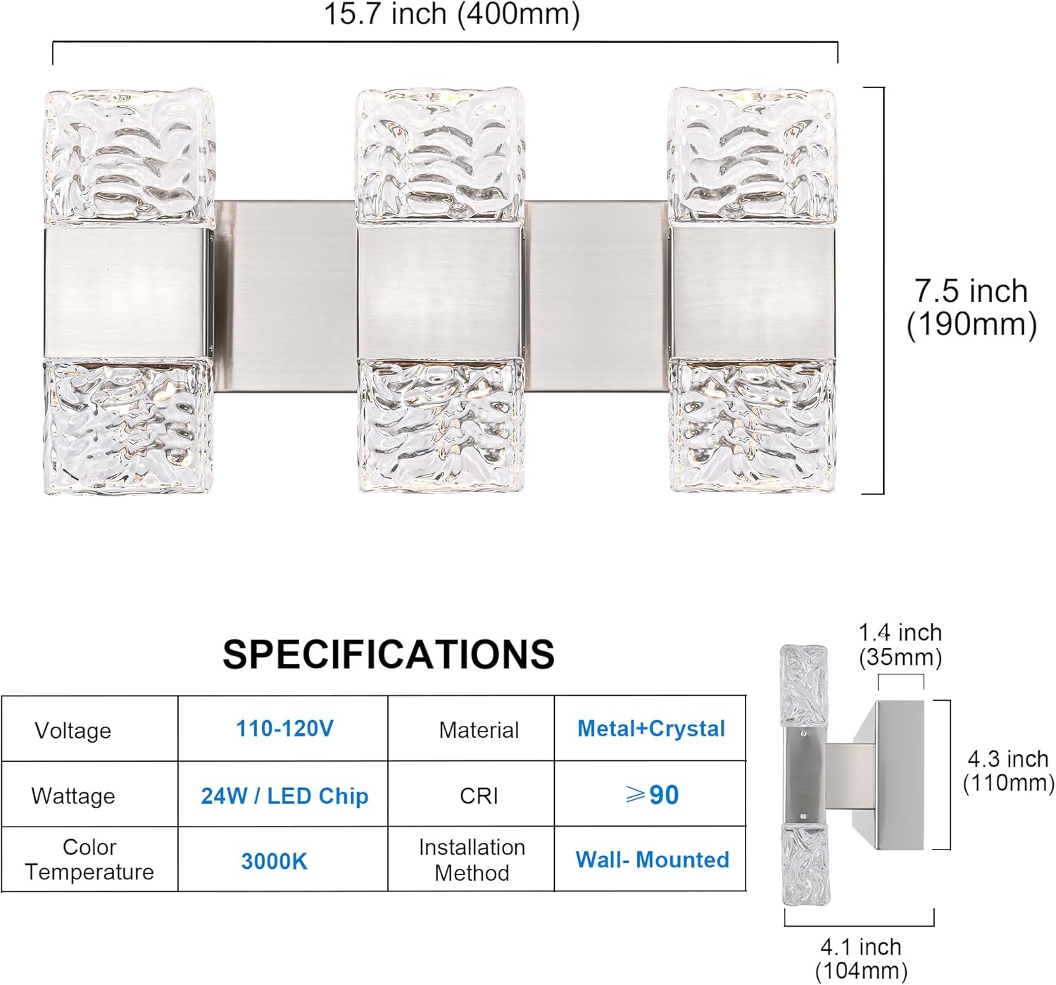 MELUCEE 3-Light Brushed Nickel Vanity Light Bar LED Bathroom Lighting Fixtures Over Mirror Dimmable Modern Wall Light with Crystal Column for Bath Restroom Powder Room, 3000K Warm Lighting