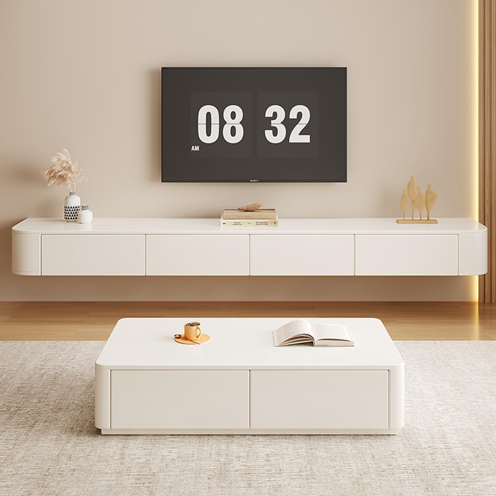 Floating TV Unit, Wall Mounted TV Cabinet, Floating Shelves With 4 Cabinets, Wooden Entertainment Media Console Center Large Storage TV Bench For Living Room & Office(White,200cm)