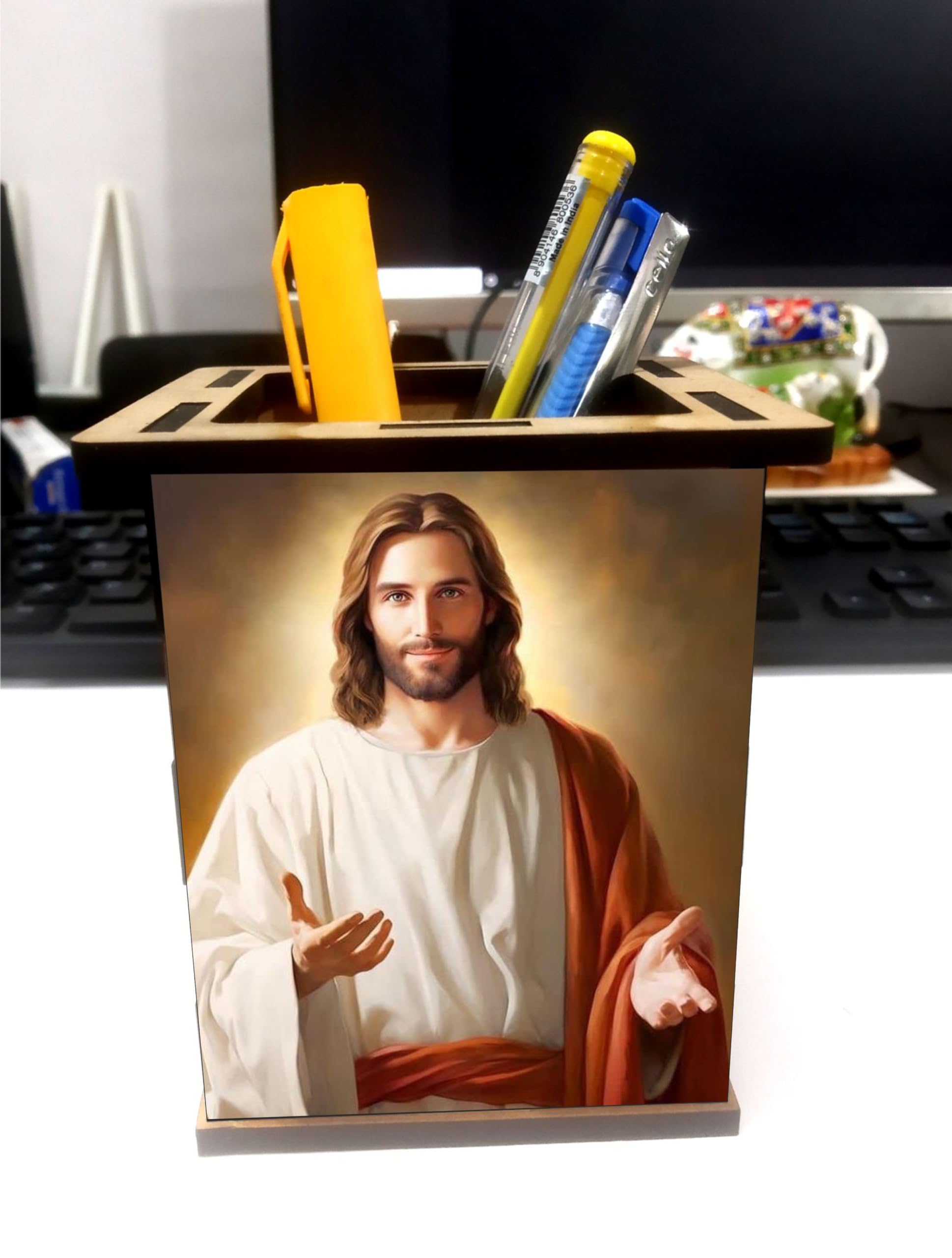 jwalpa Creation Wooden Pen Stand with Hand Painted photo Return Gift Office Stationery Pen Holder, Multicolor Desk Organizer Pen And Pencil Holder (Jesus-09-penstand)