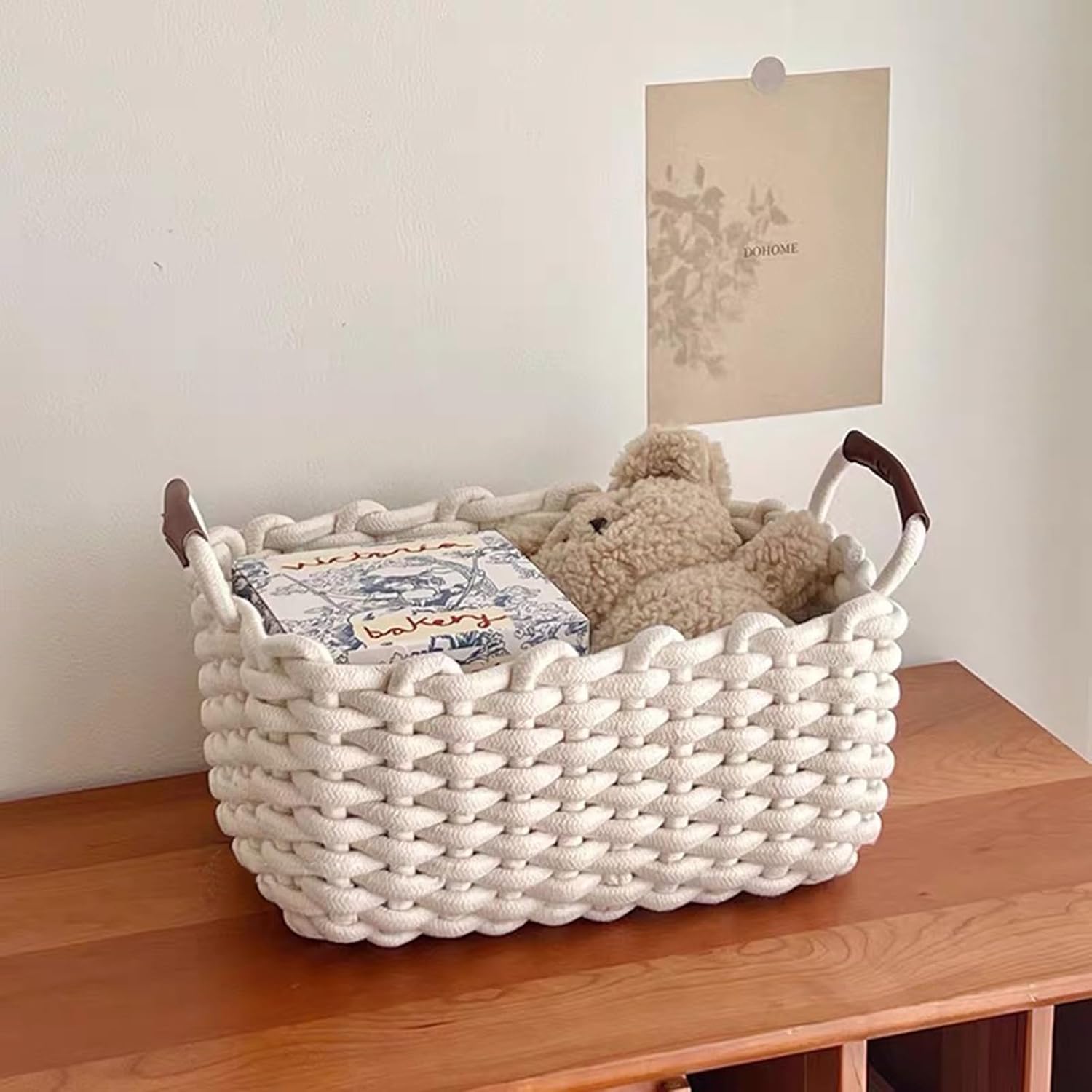 3 Pack Small Cotton Rope Basket with Handles Woven Storage Basket Rectangle Stackable Nursery Storage Baskets Decorative Shelf Basket Organizer Gift Baskets for Toys Small Items(White)