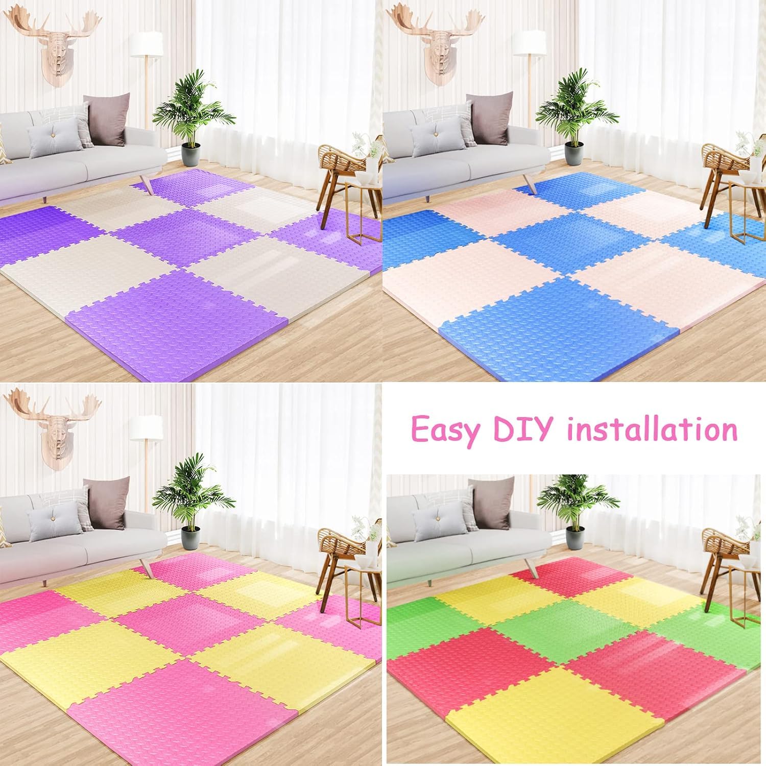 1 cal bardzo gruba piankowa mata podłogowa z 5 elementami 24x24 cale kwadratowe puzzle piankowe z krawędziami(Purple+pink)