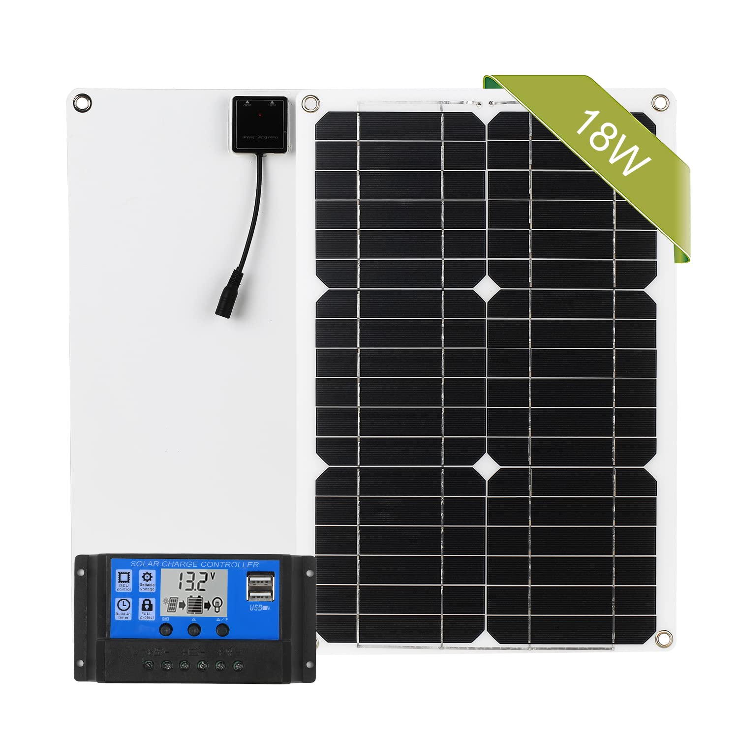 JUANZISolar Panel Charge,18W 12V Solar Panel Kit Dual USB Port Off Grid Monocrystalline Module with Solar Charge Controller SAE Connection Cable Kits